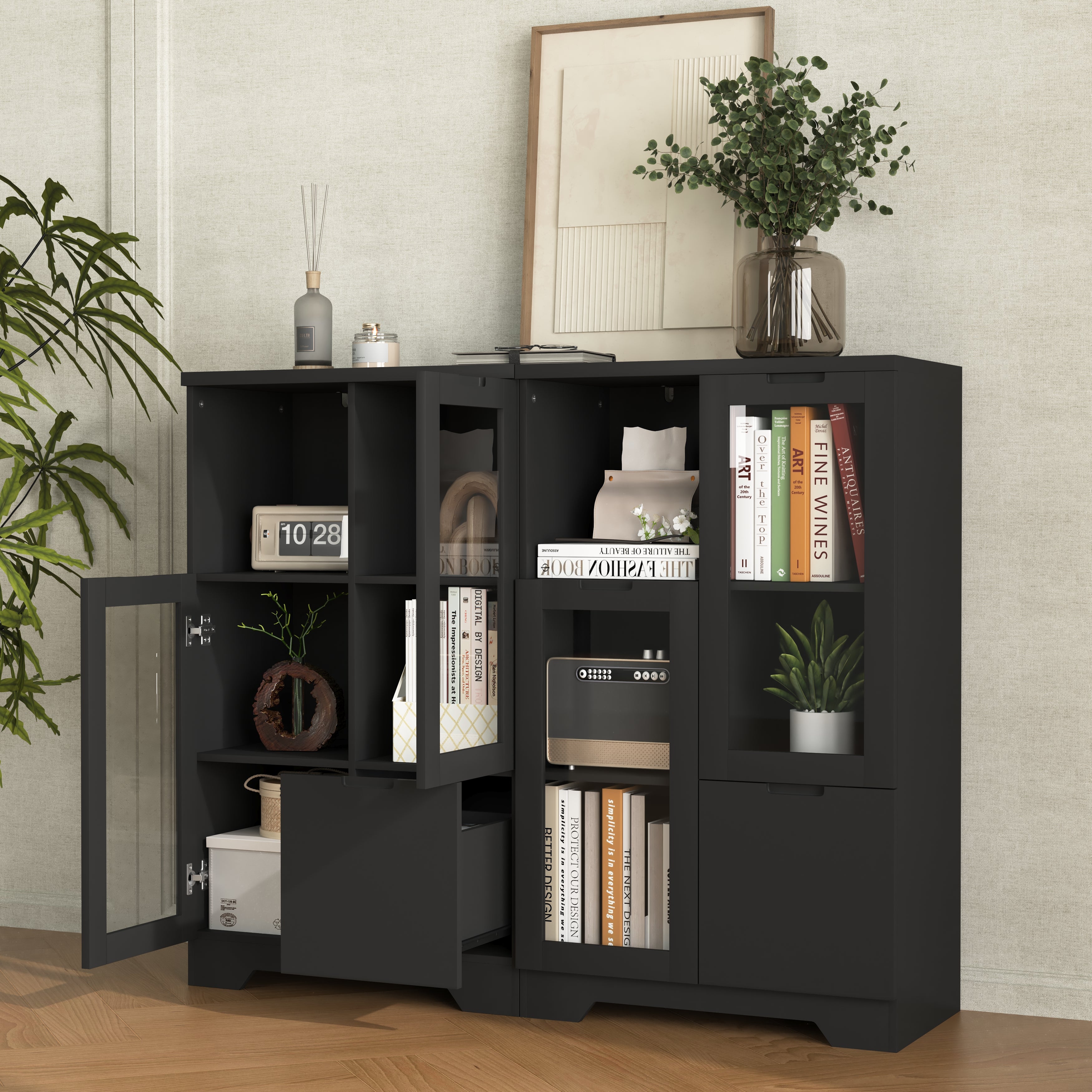 MDF Cabinet Glass Doors Drawer Open Storage - Black