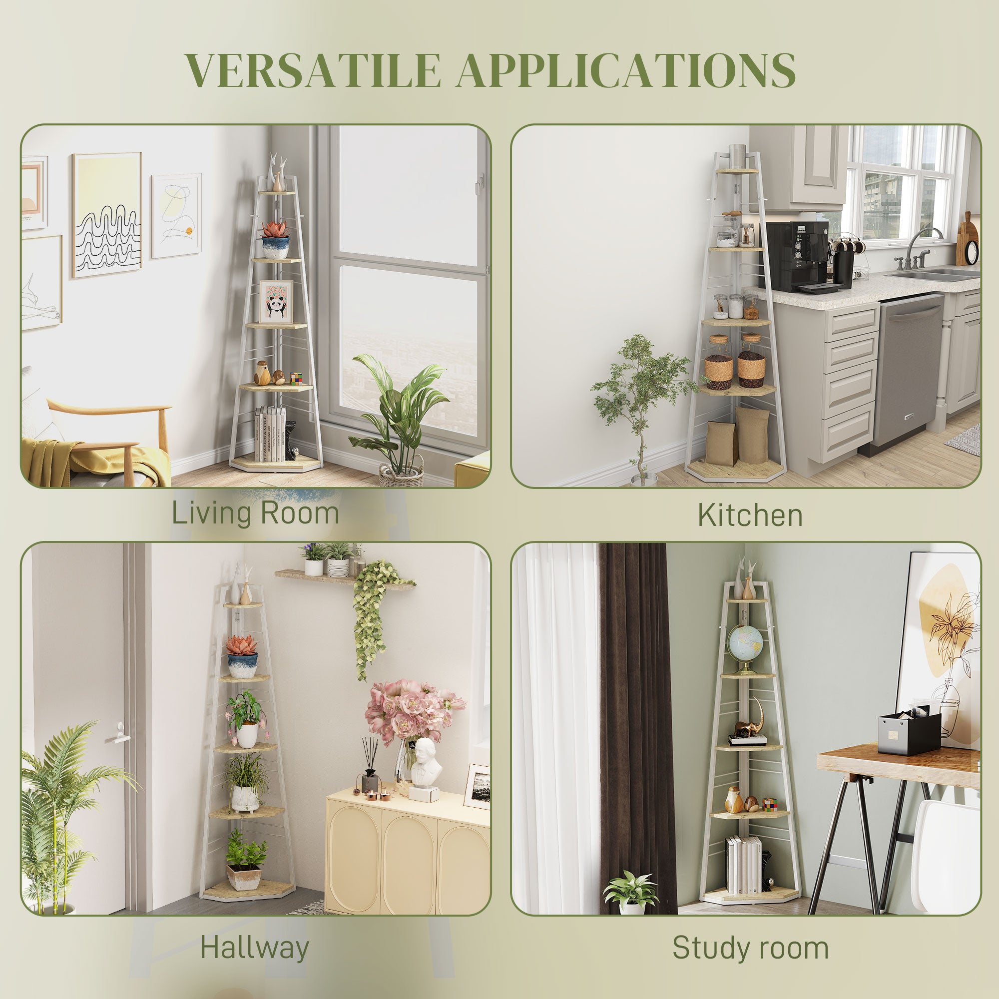 Five-Tier Corner Shelf Storage Unit, White/Wood-Effect