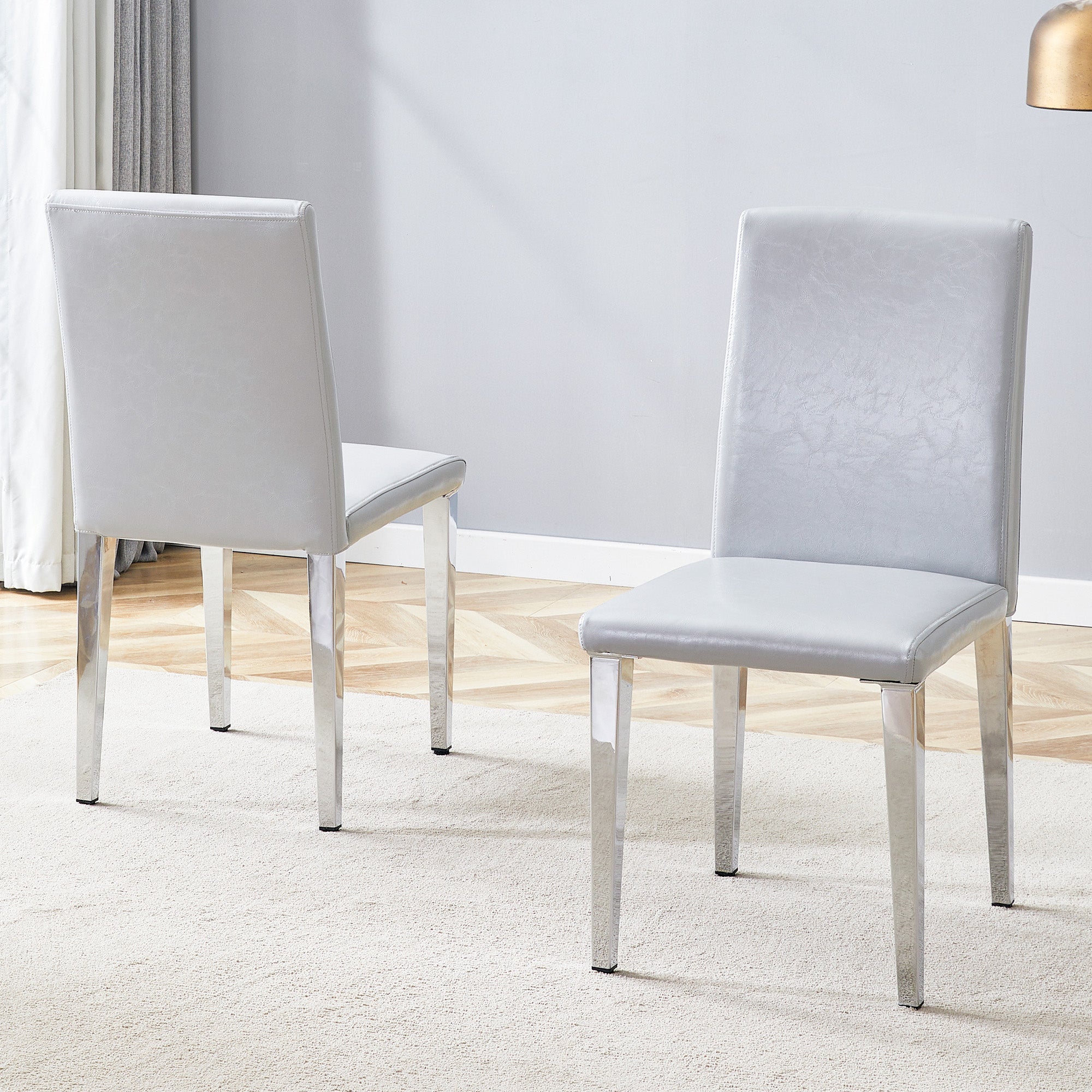 Minimalist Dining Chairs Set of 2, Ergonomic PU Leather with Metal Legs, Grey and Silver