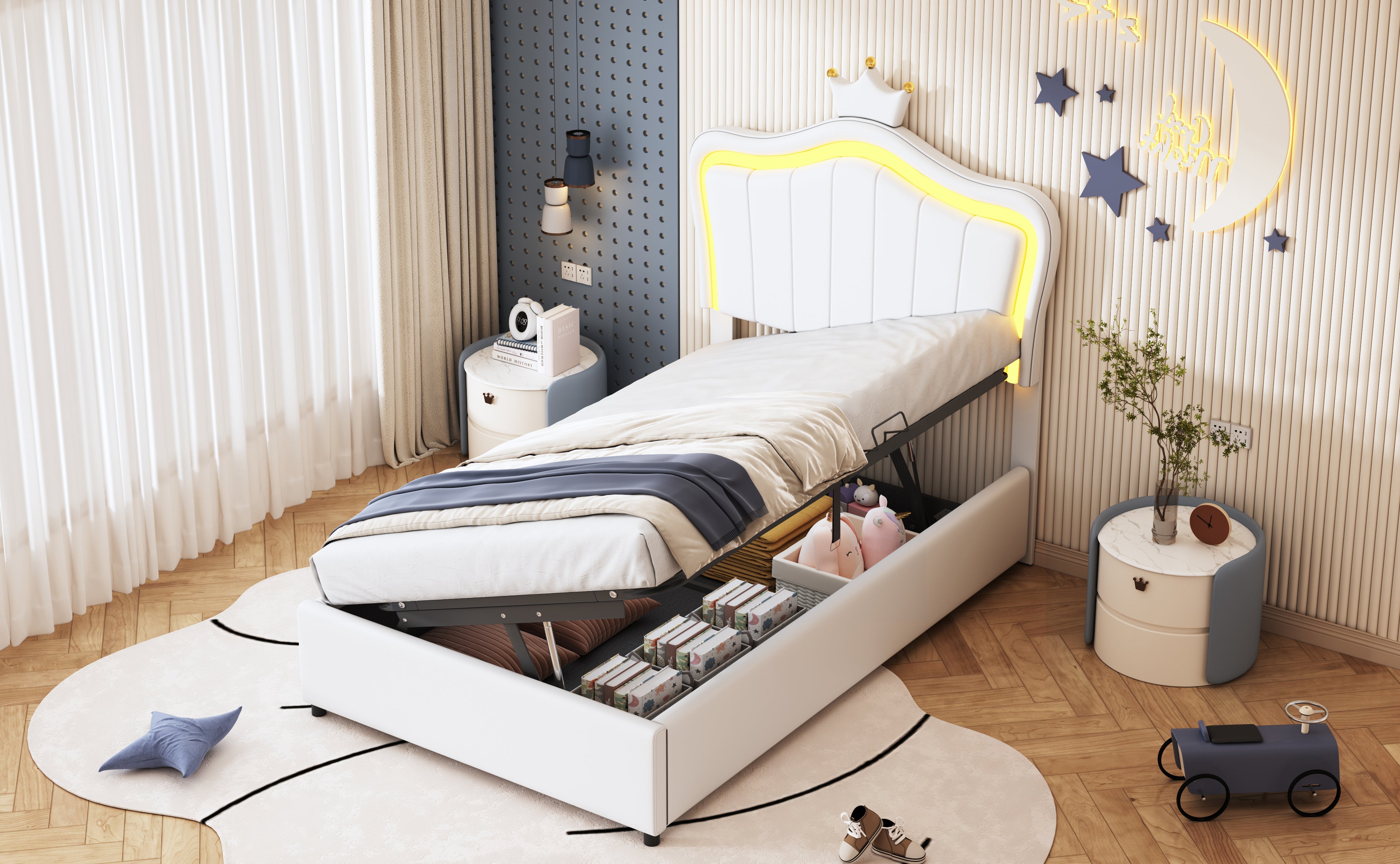 Upholstered Children's Bed 90x200 cm, Crown Design, LED Lighting, Hydraulic Storage, White Artificial Leather