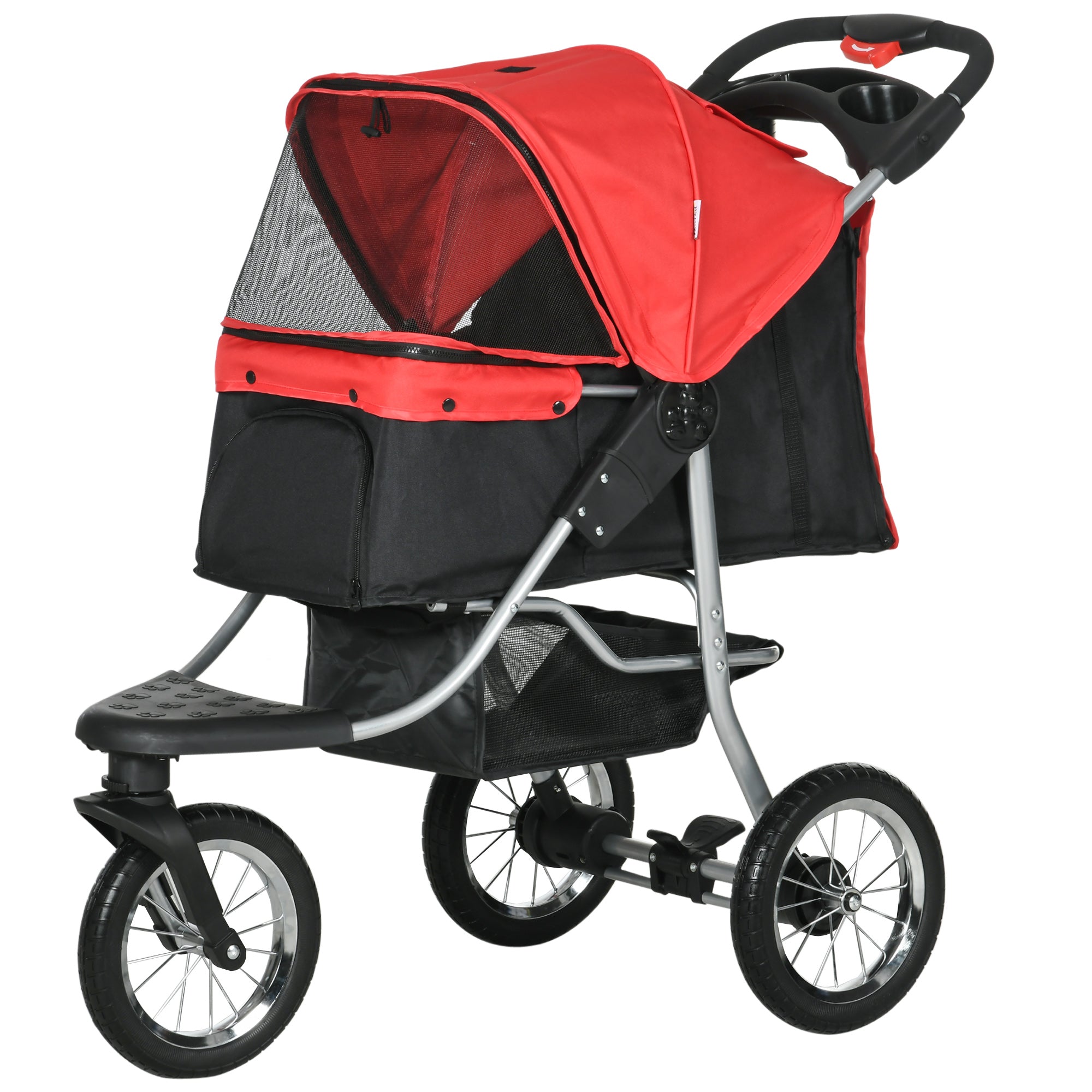 Dog & Cat Pet Stroller, Foldable 3 Wheels, Oxford Red Black