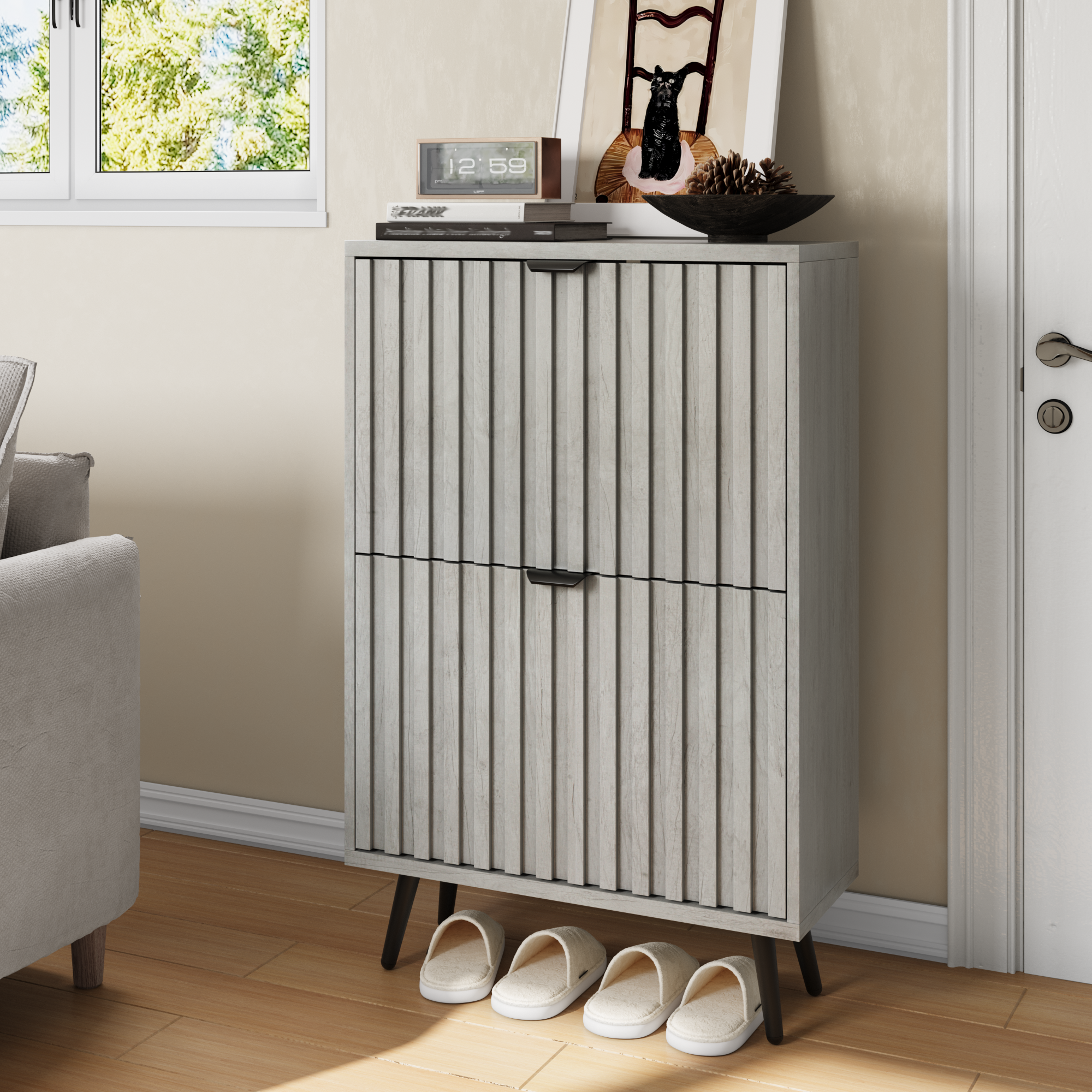 Shoe Cabinet 60cm with 2 Flip-Drawers, Grey