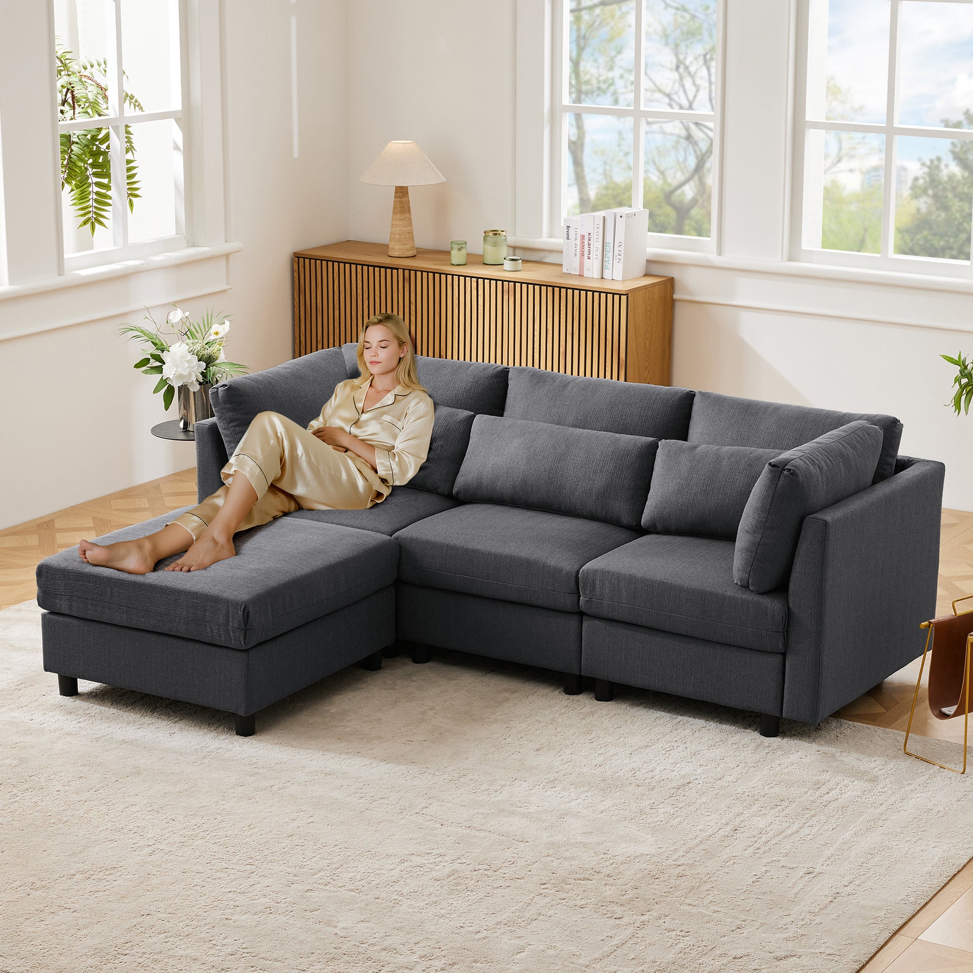 Sofa, Three-Seater L-Shaped Corner with Footstool, Upholstered