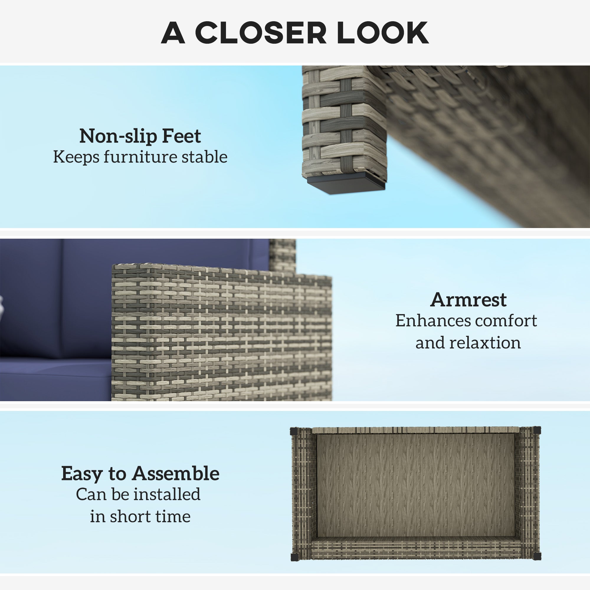 Rattan Sofa, 2 Seater Garden Loveseat with Soft Padded Cushion, Navy Blue