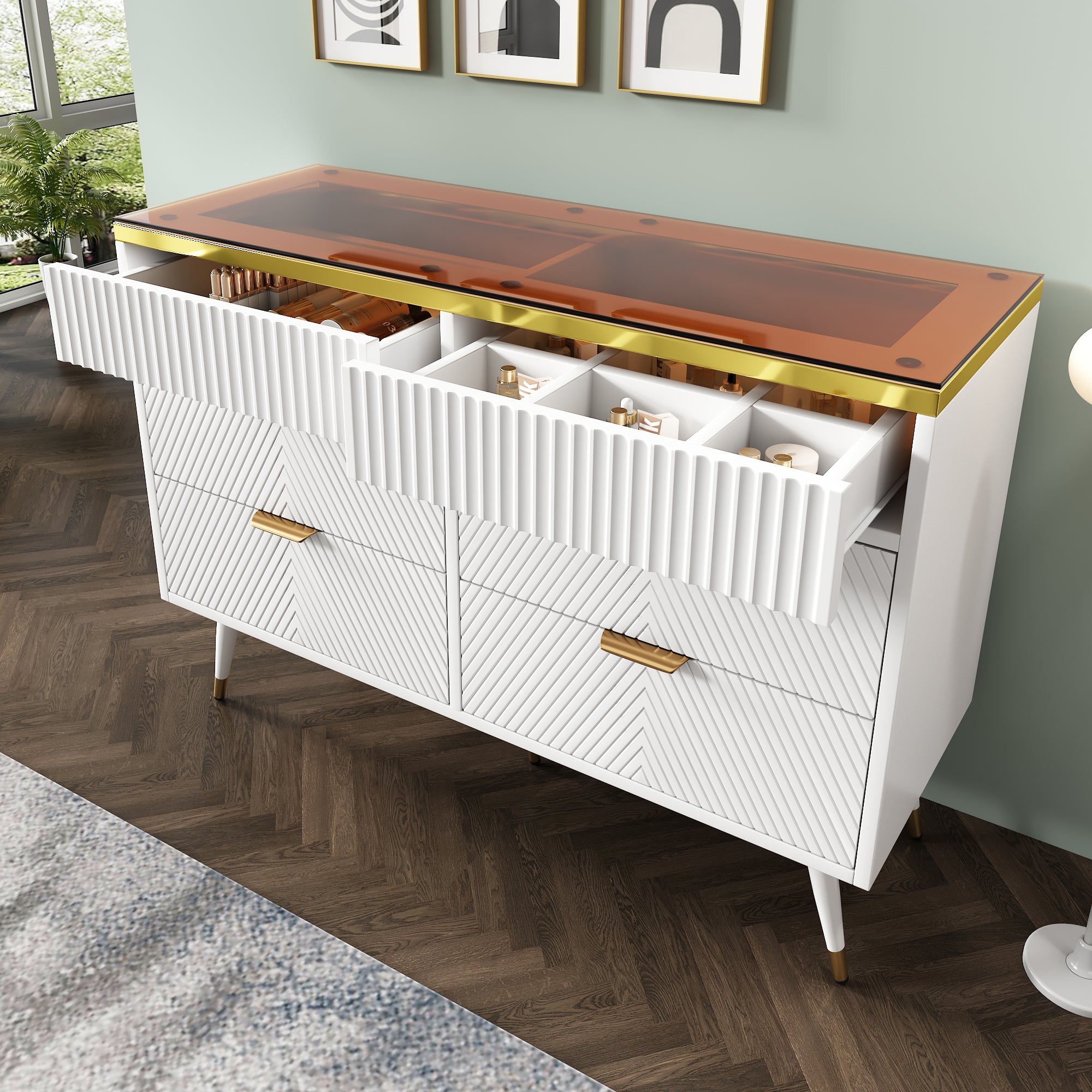 Sideboard, 6-Drawer Amber Glass, White