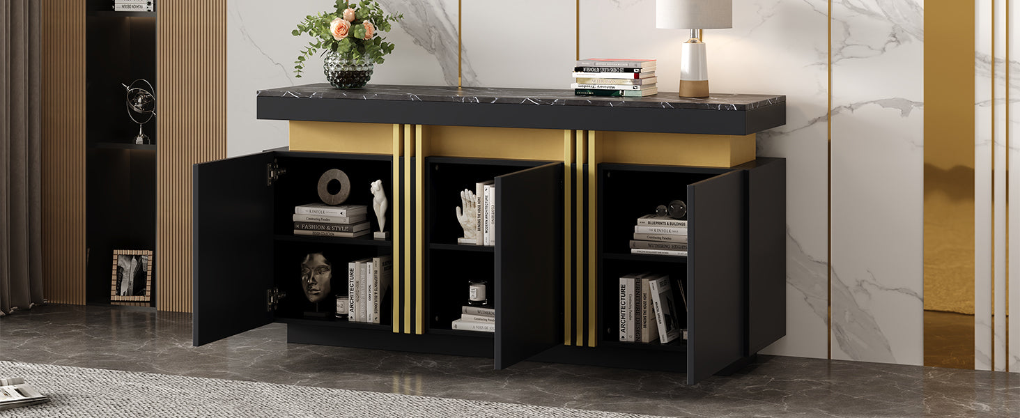 Sideboard, Display Cabinet with 3 Doors, Adjustable Dividers, Black and Gold