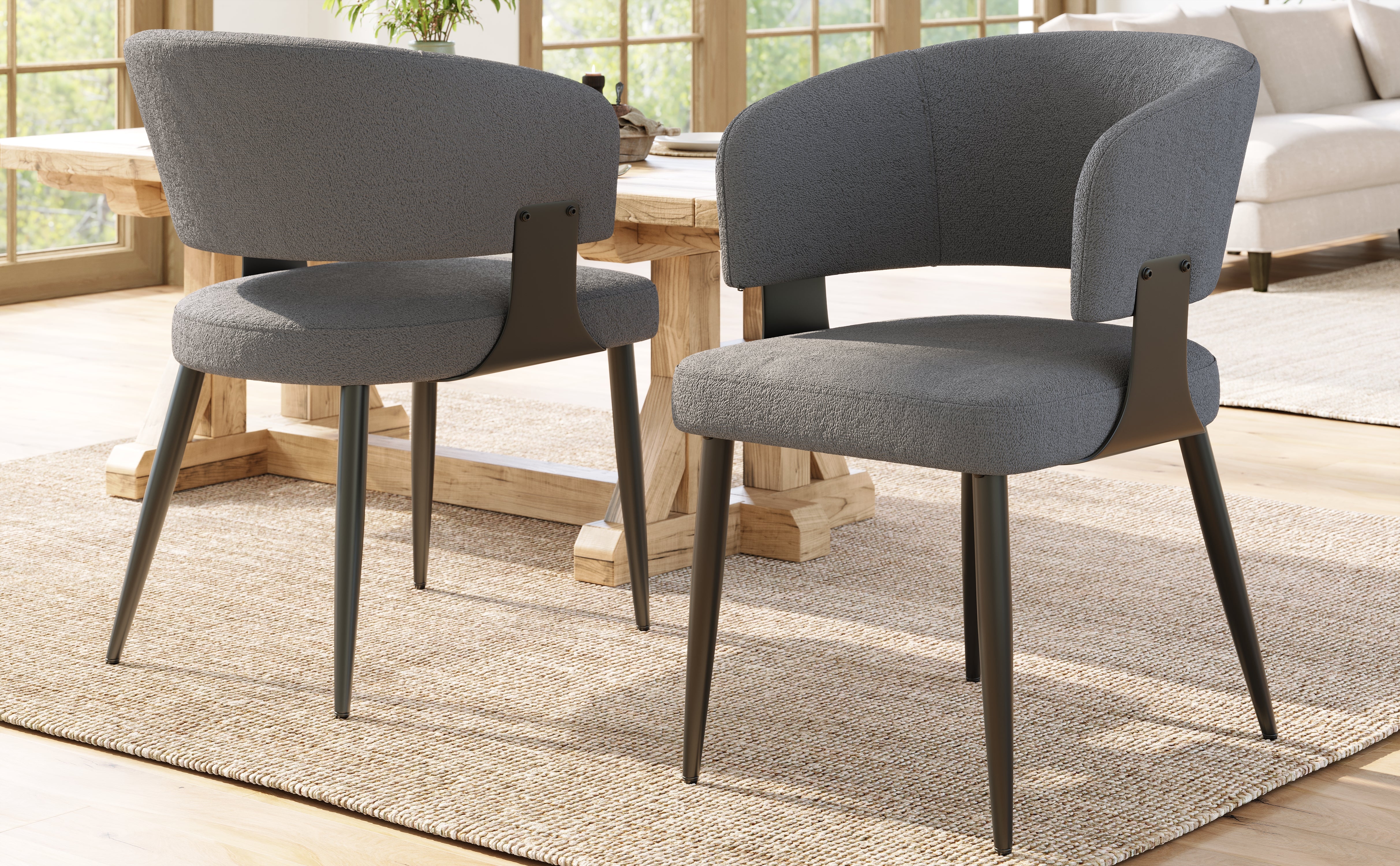 Ergonomic Dining and Vanity Chair Set of 2 with Curved Backrest, Beige and Grey Flannel