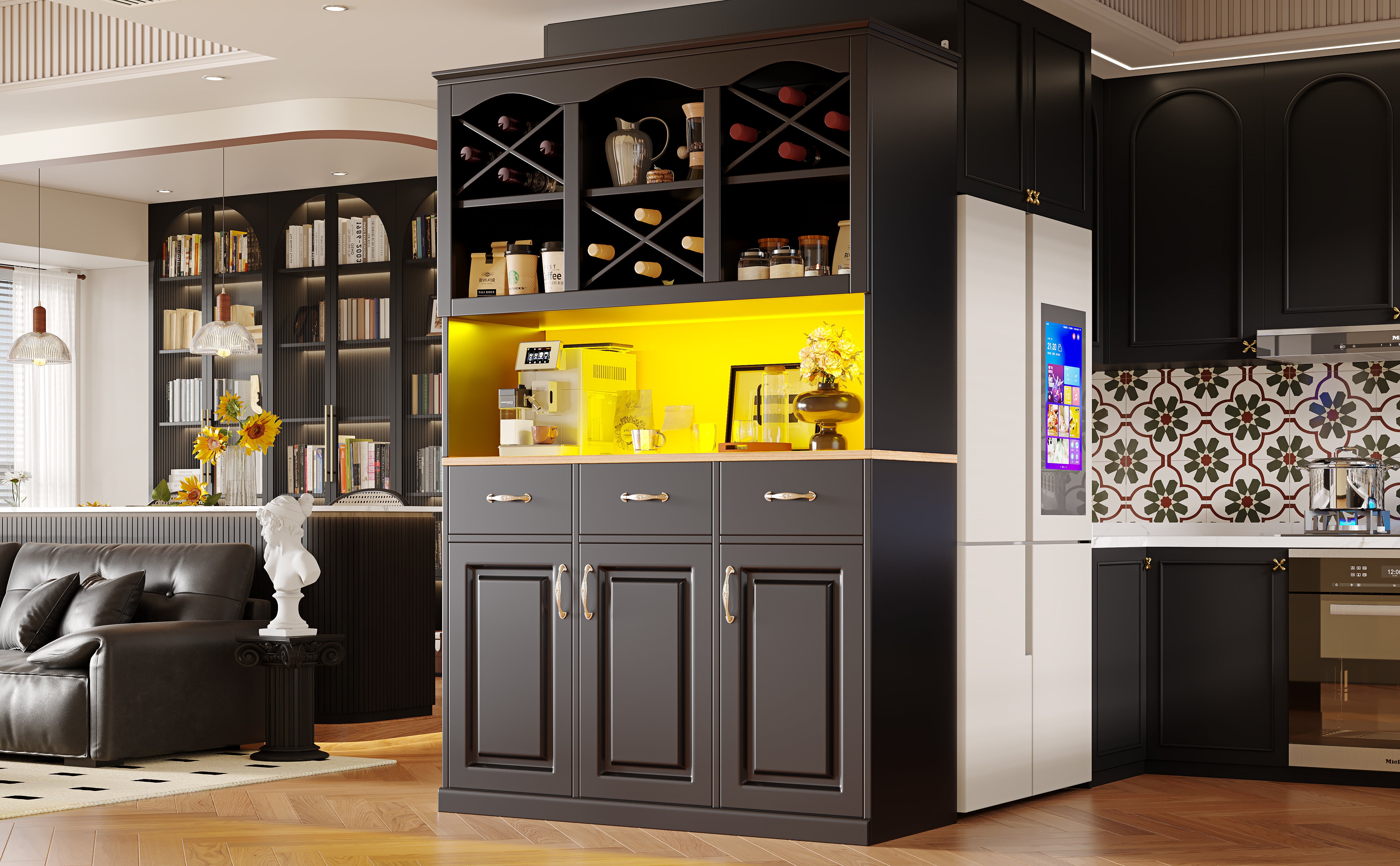 Kitchen Cabinet Tall Buffet 120cm 3 Doors 3 Drawers LED Black