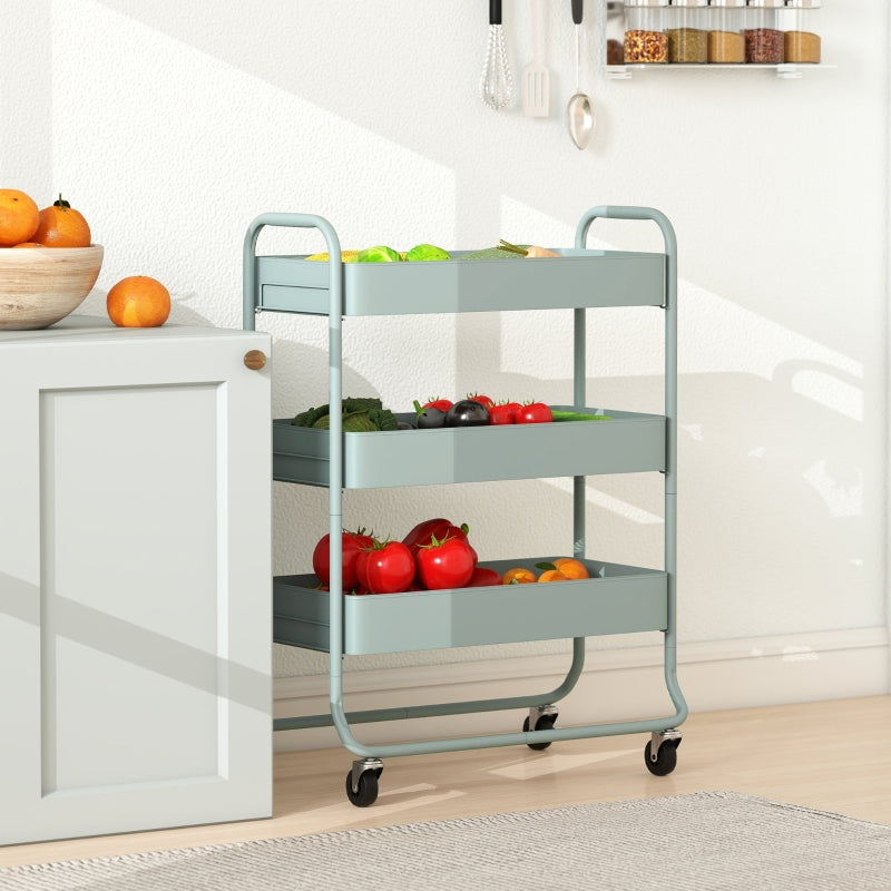 3-Tier Storage Trolley on Wheels, Rolling Utility Cart with Mesh Baskets, Metal, Light Green