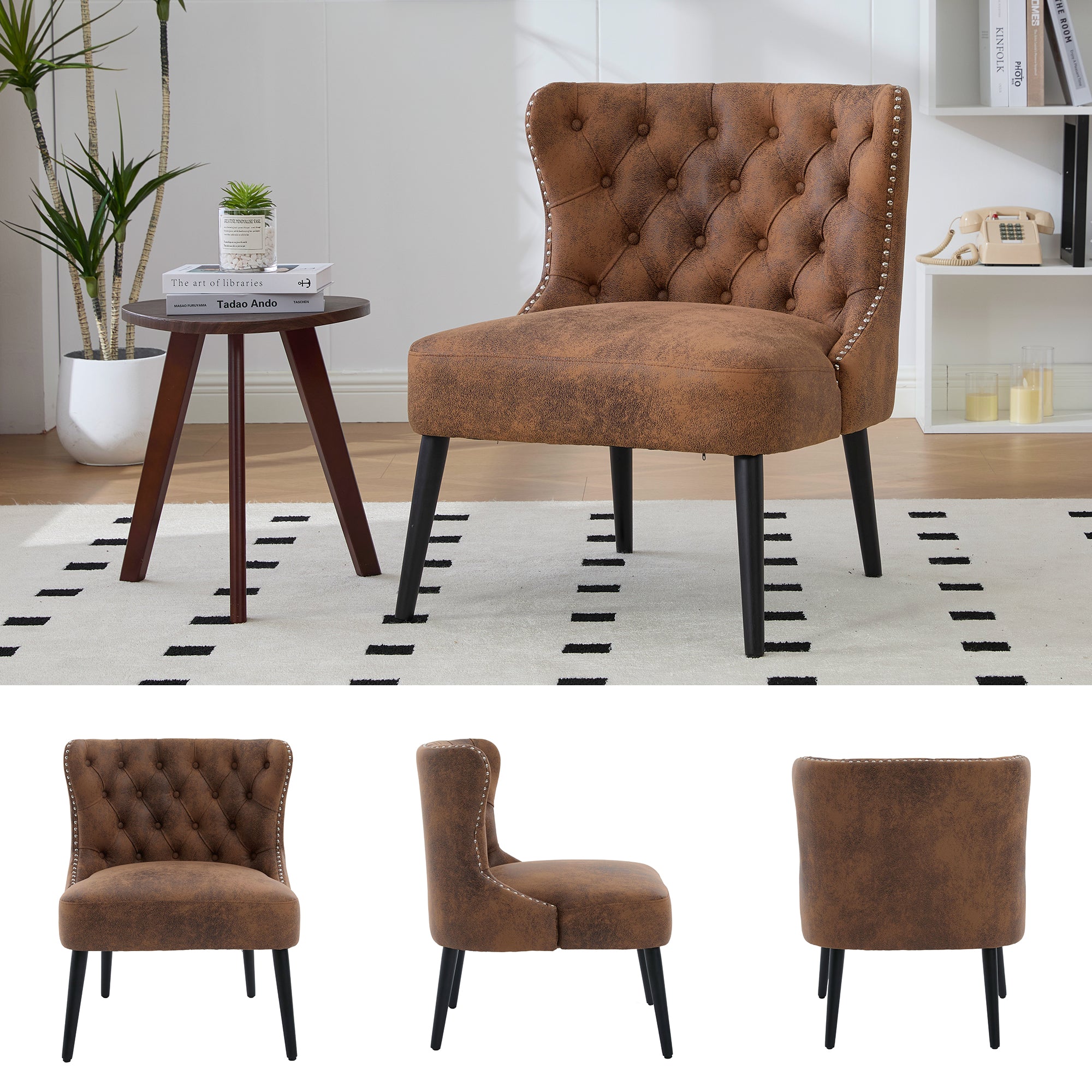 Single Sofa Chair Button Tuft Armless Rivet Trim Solid Wood Legs, Tech Fabric