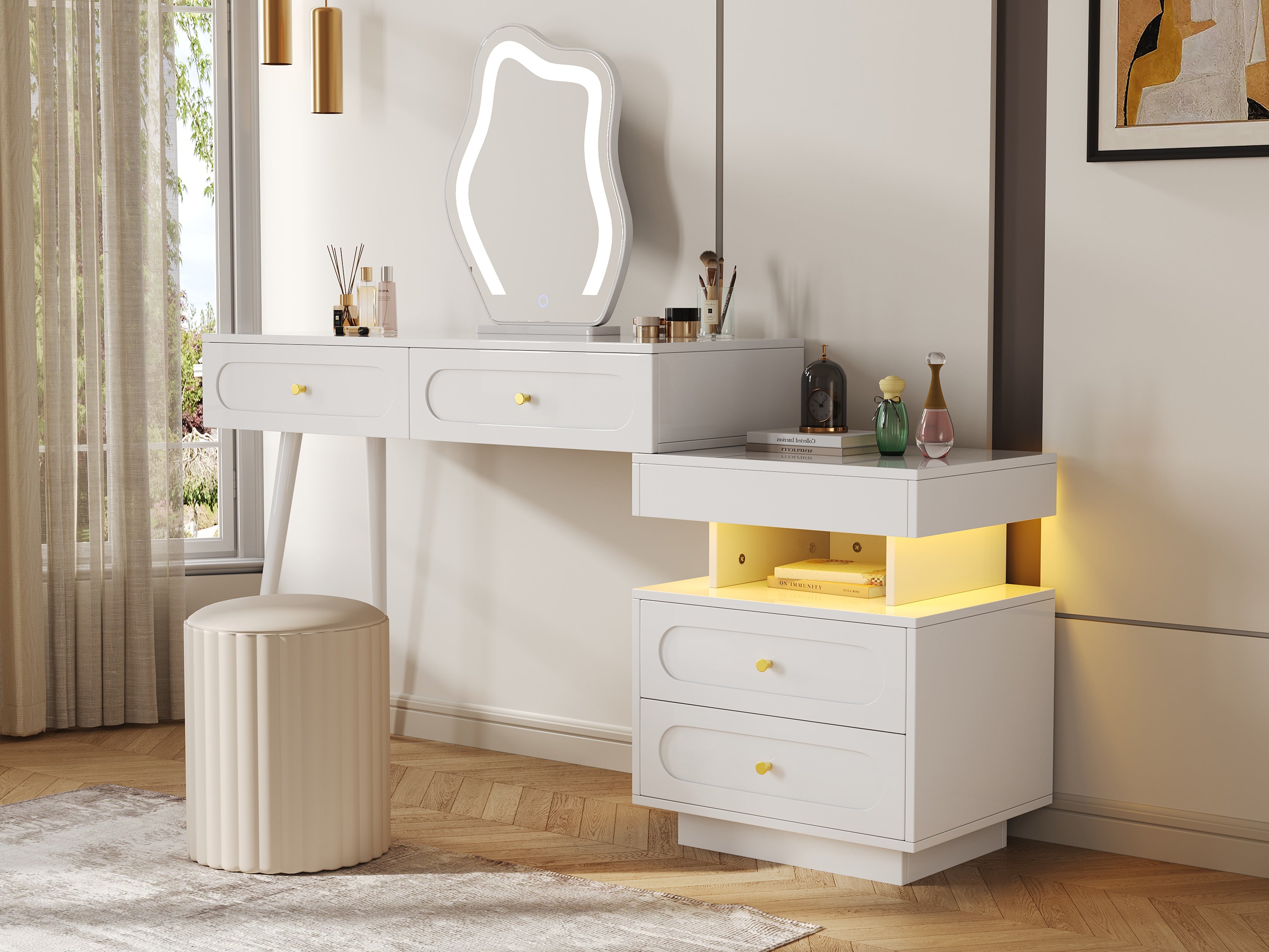 Dressing Table Set LED Mirror 4 Drawers Open Storage White