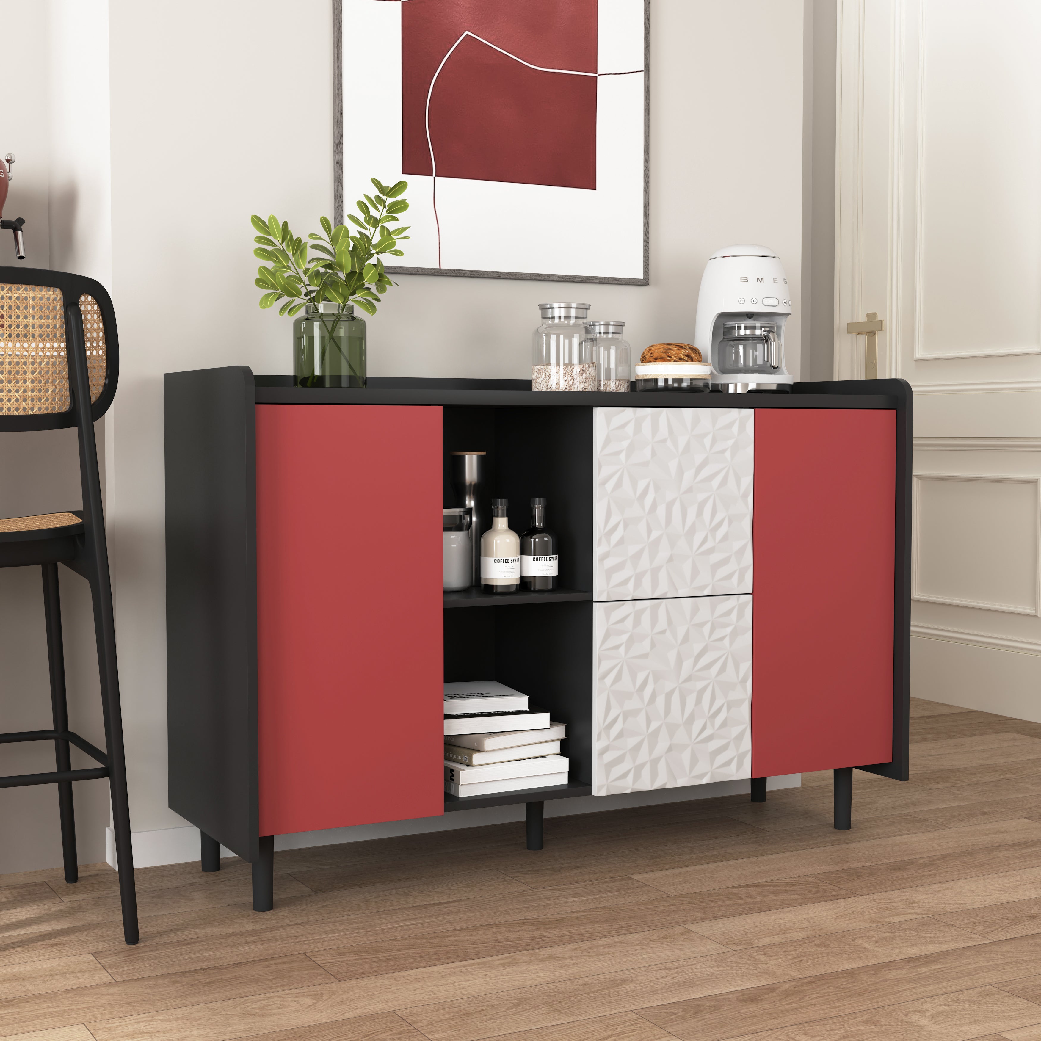 Sideboard Buffet Cabinet with 2 Drawers & Open Storage, Panel Styling - Black/Red