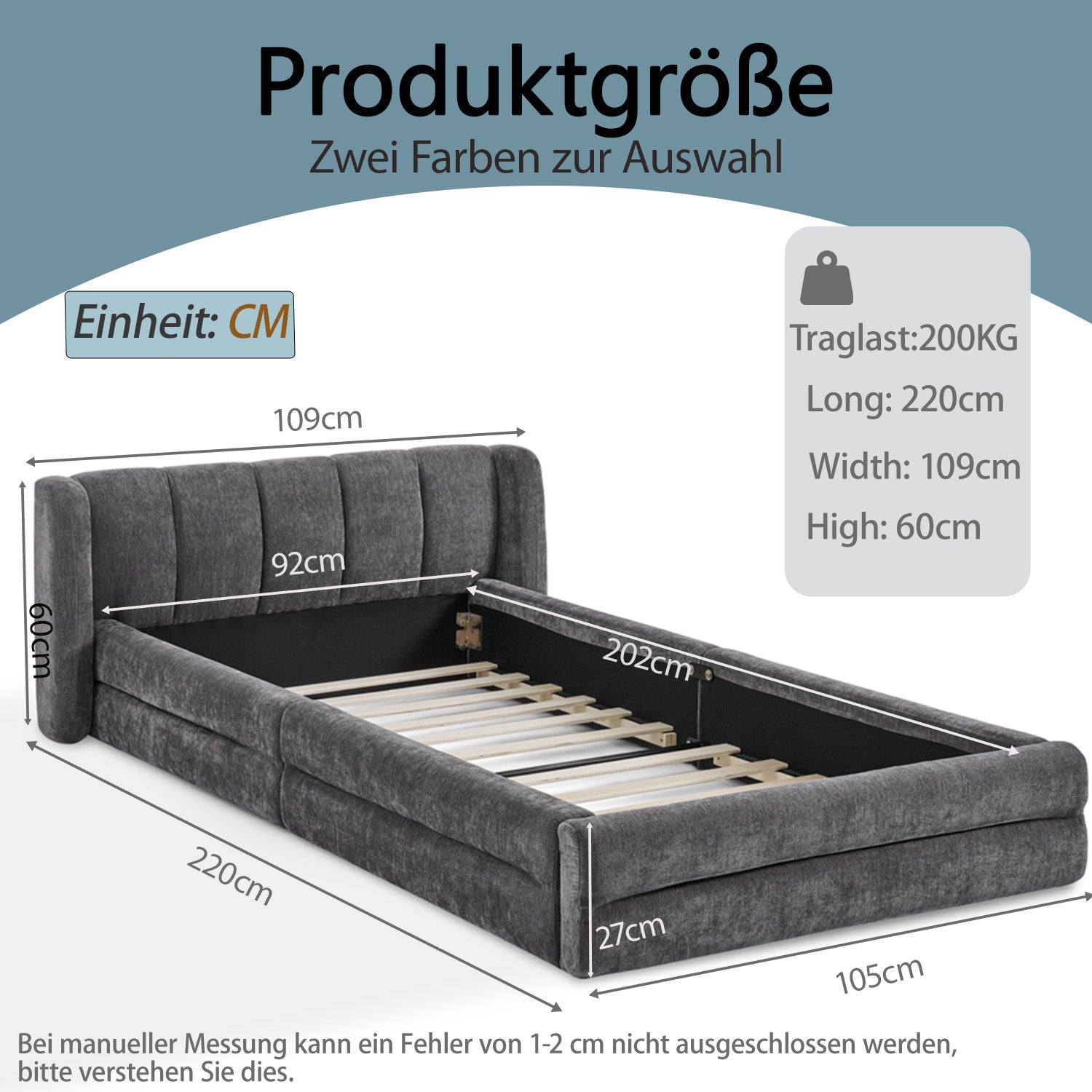 Single Bed 90x200cm Comfortable Backrest - Dark Grey Chenille