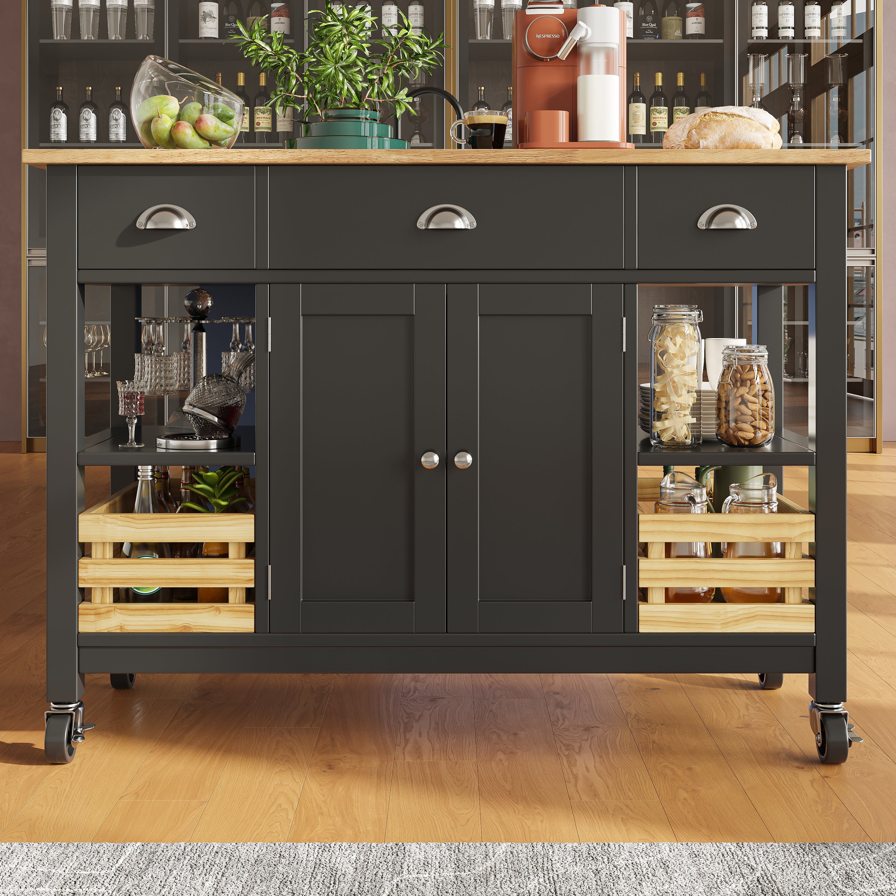 Kitchen Island 120x45x90cm Multifunctional Dining Cabinet Storage Basket - Black
