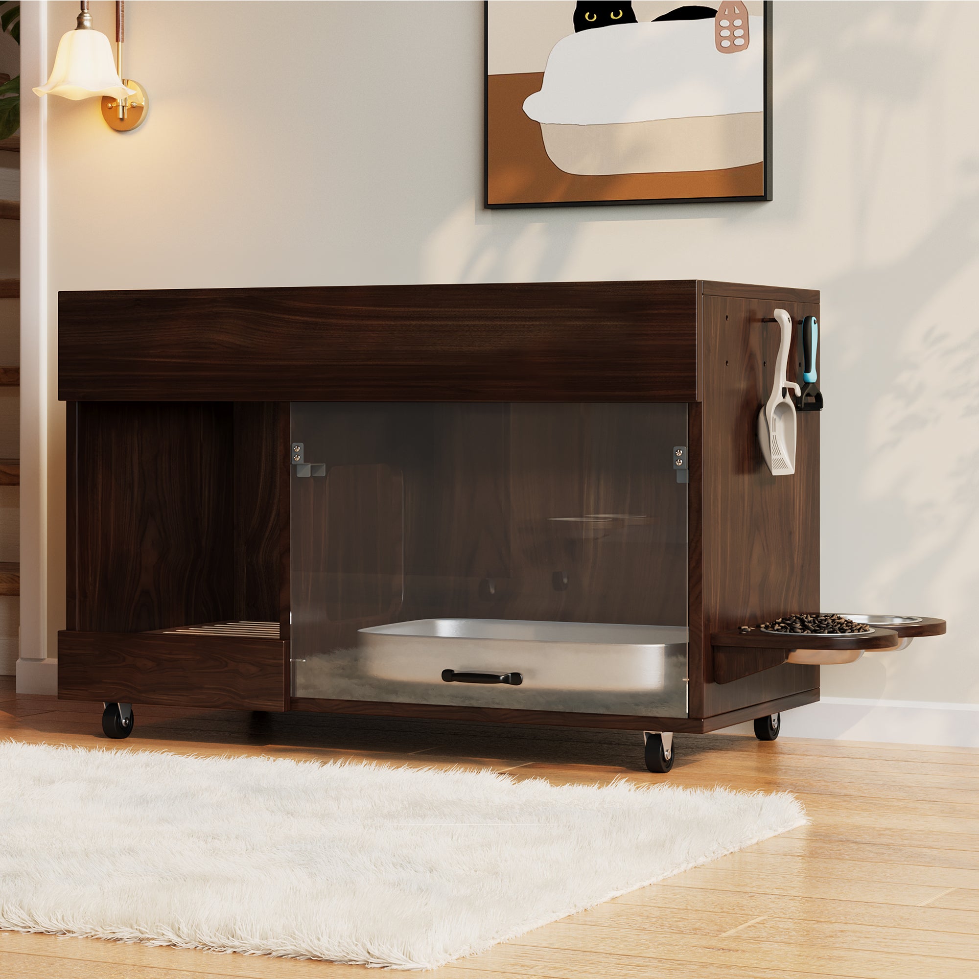 Mobile Cat Litter Box Cabinet with Food Bowls, Sand Tray, Pegboard - Walnut