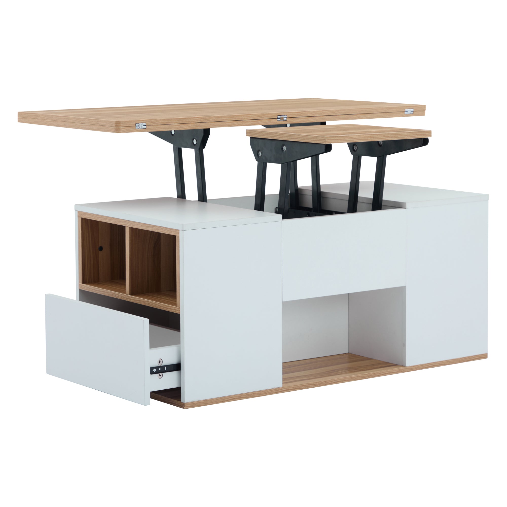 Coffee Table, Liftable Multifunctional with 2 Tables, White Wood