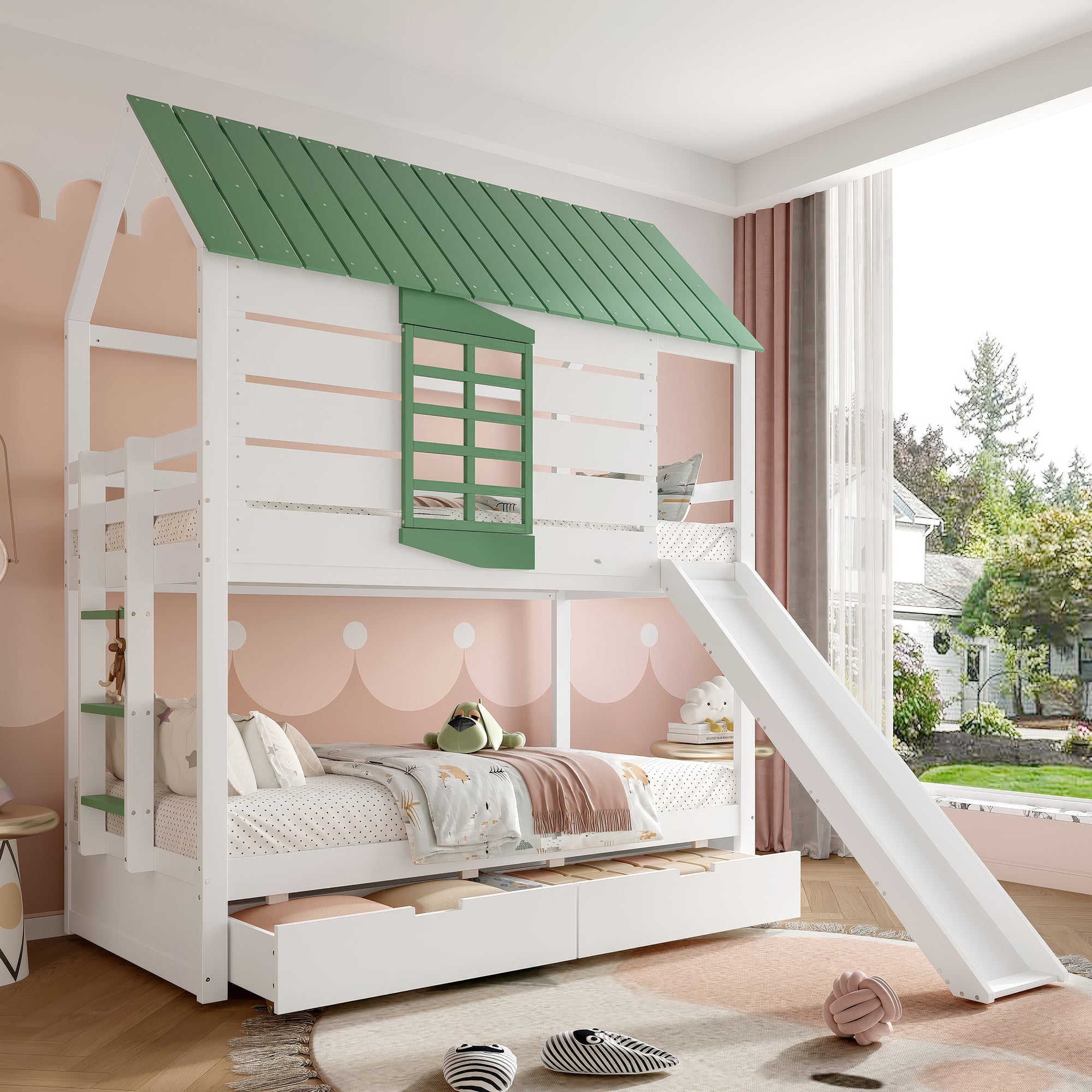 90X200 House Bunk Bed with Slide and 2 Drawers, White+Green