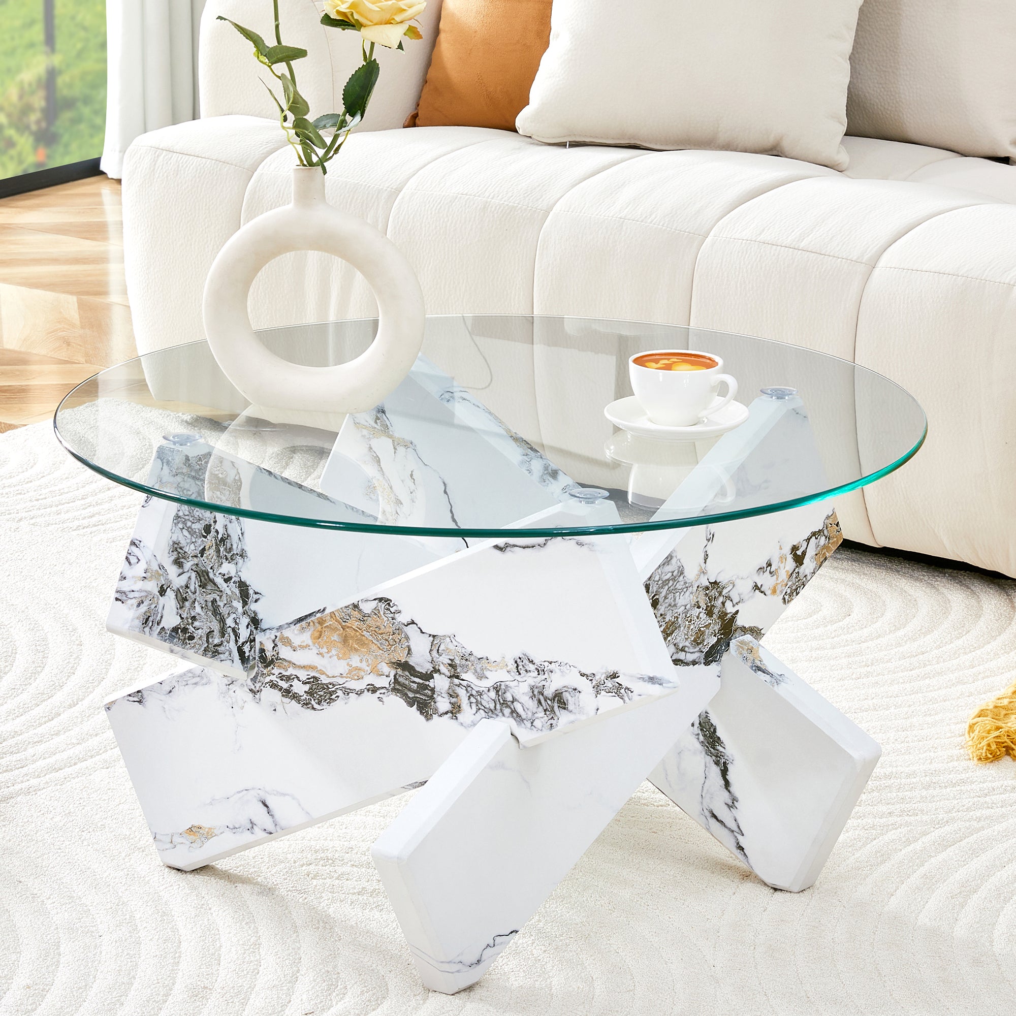 Round Coffee Table Glass Top 79cm Marble Look Legs - Multi-color