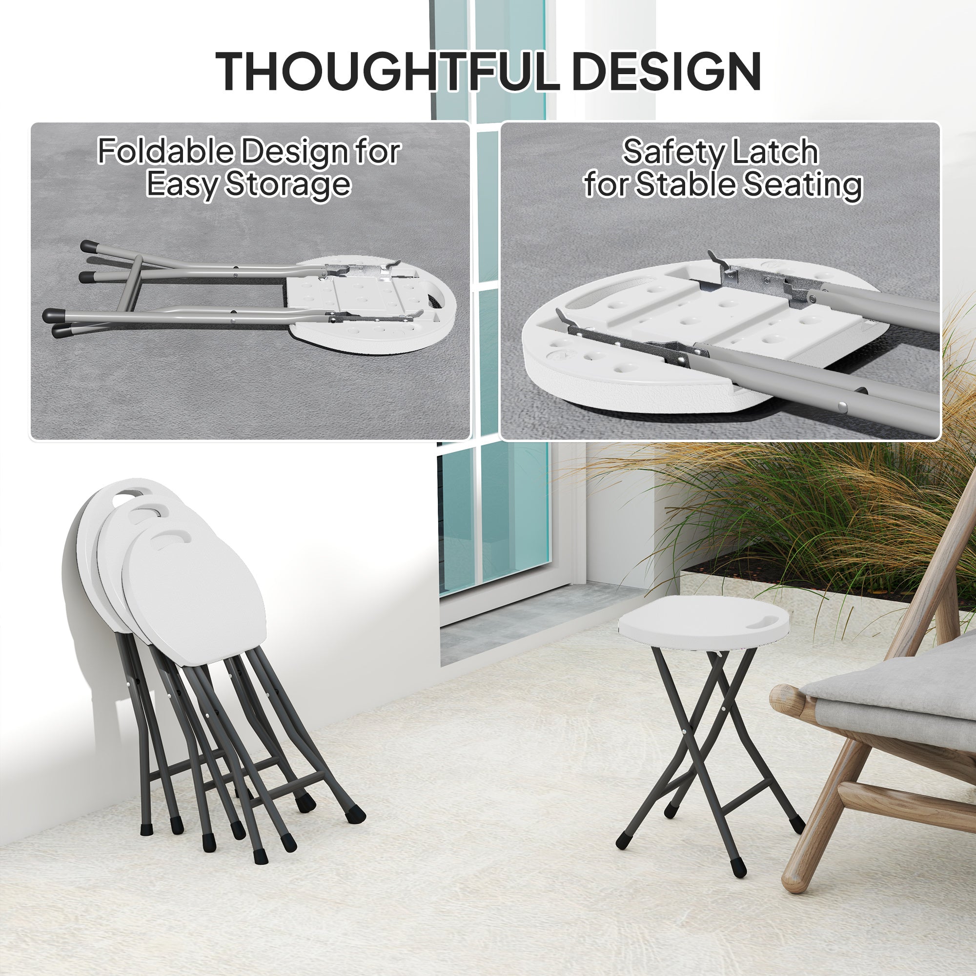 Set of Four Folding Carry Stools, Portable Design - White