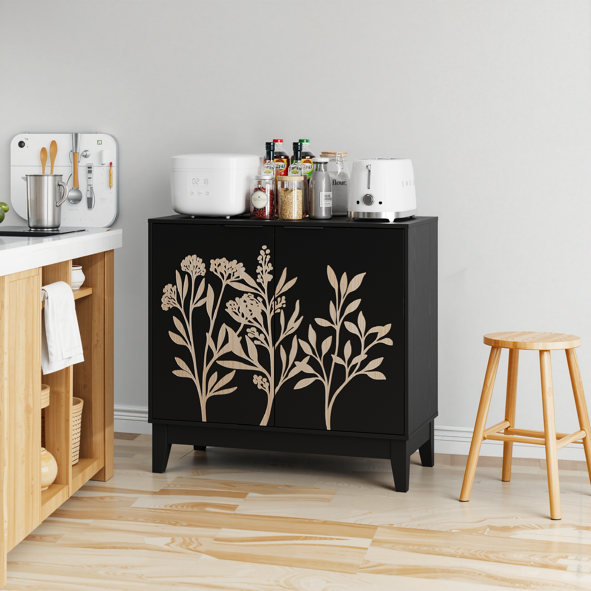 Vintage Buffet Cabinet, 80cm, 2 Doors, Adjustable Shelves, Carved Wood