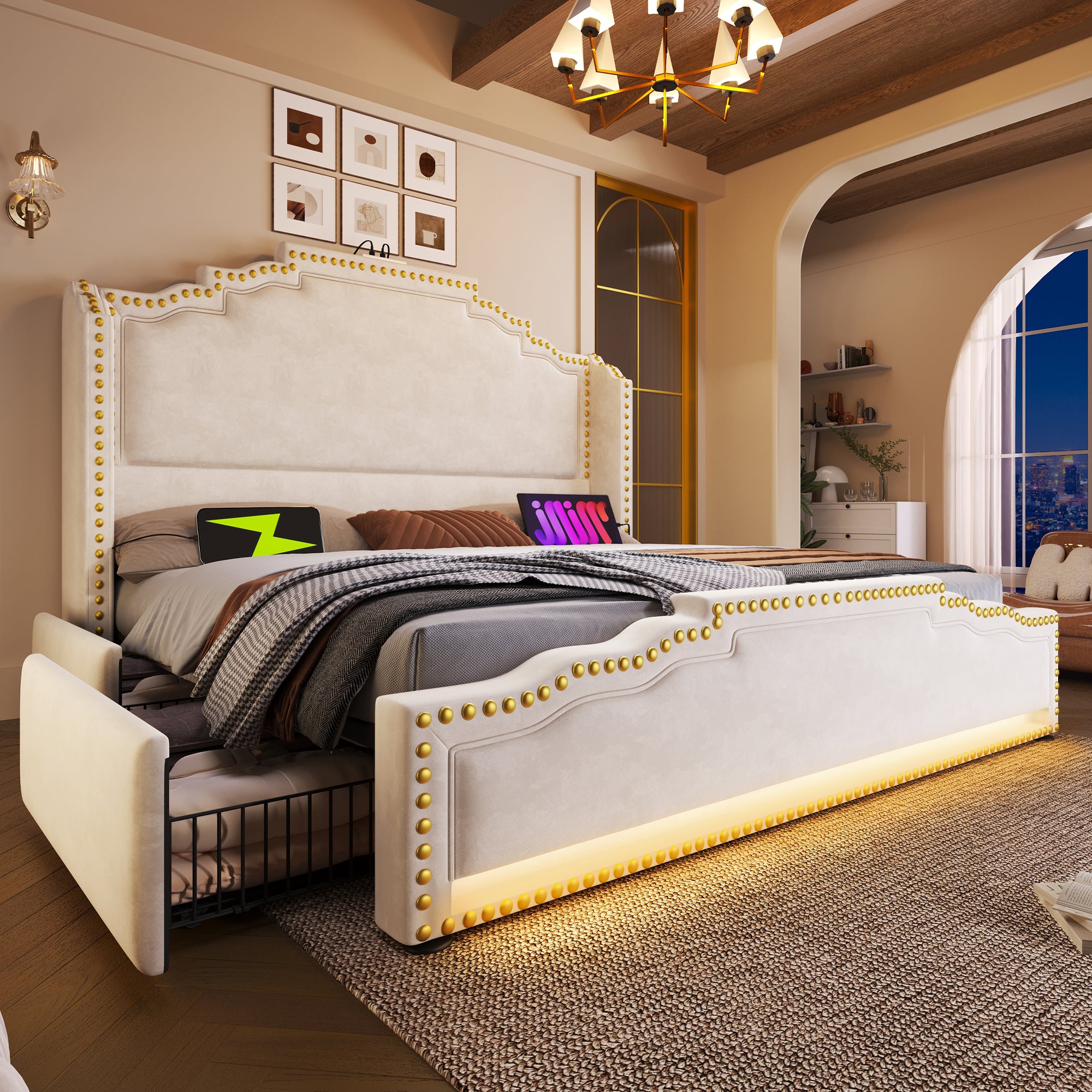 Upholstered Bed 140x200, Double with 4 Drawers, LED, USB-C, Velvet Beige