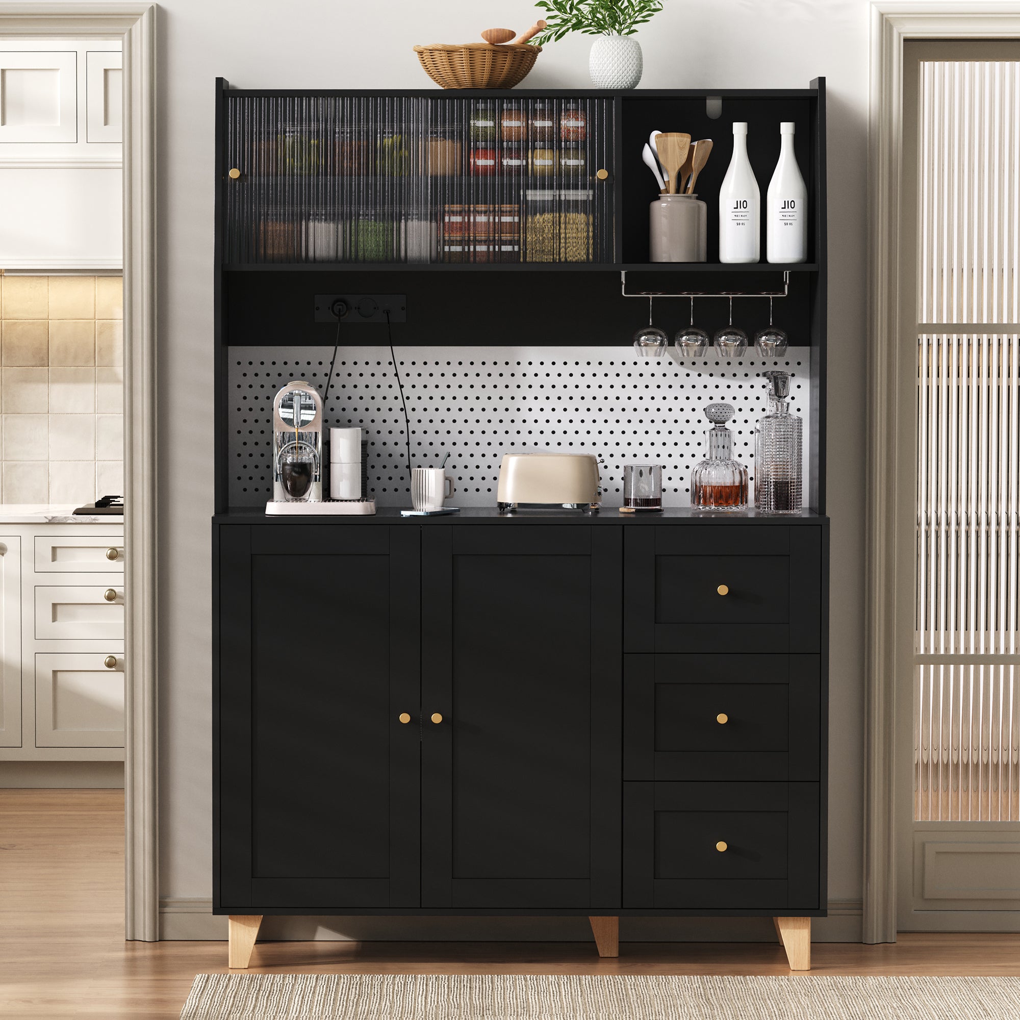 Tall Cabinet Pegboard Wine Storage Drawers & Sockets - Black