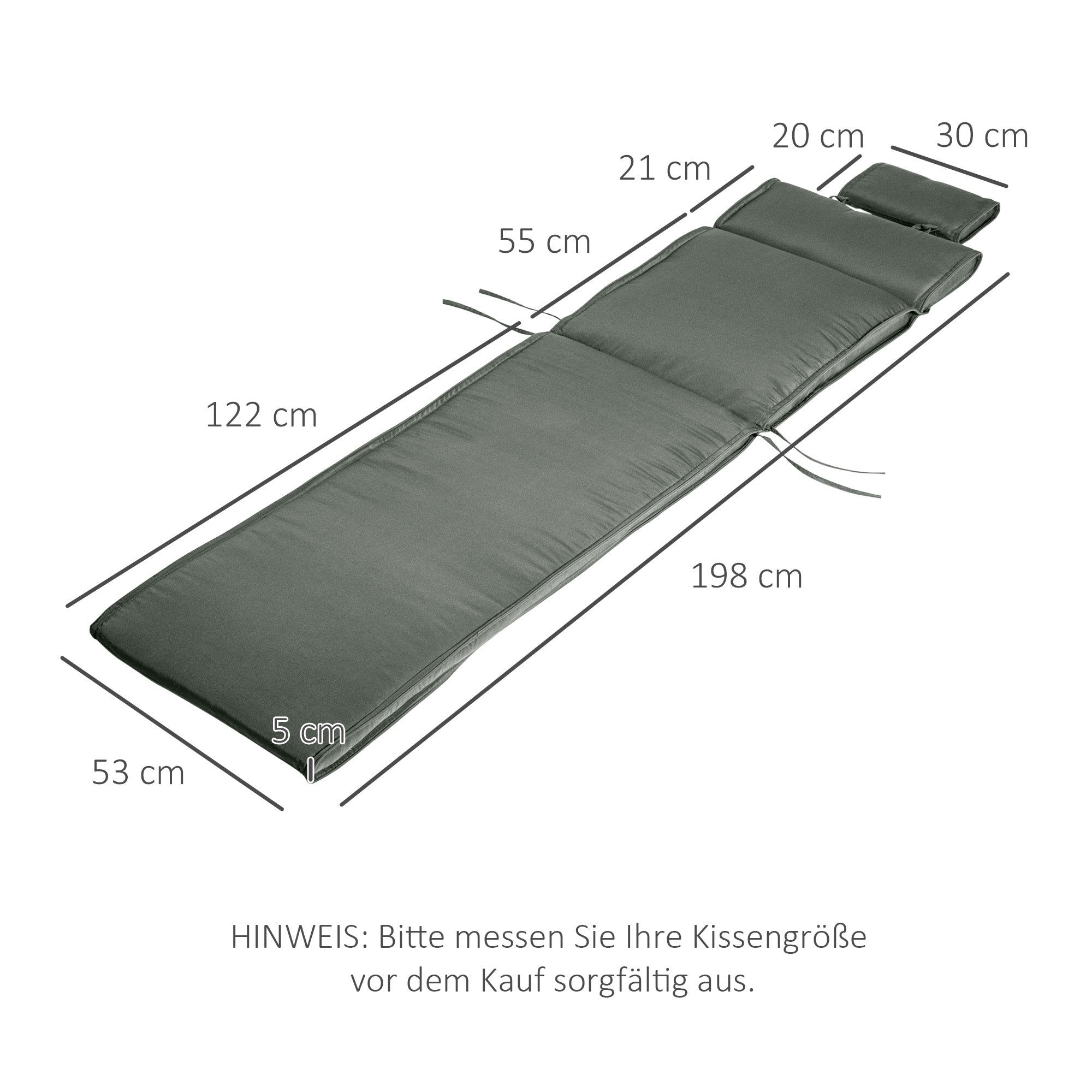 Lounger Cushion, Garden, Removable Headrest, Polyester Cotton Fibre, Grey