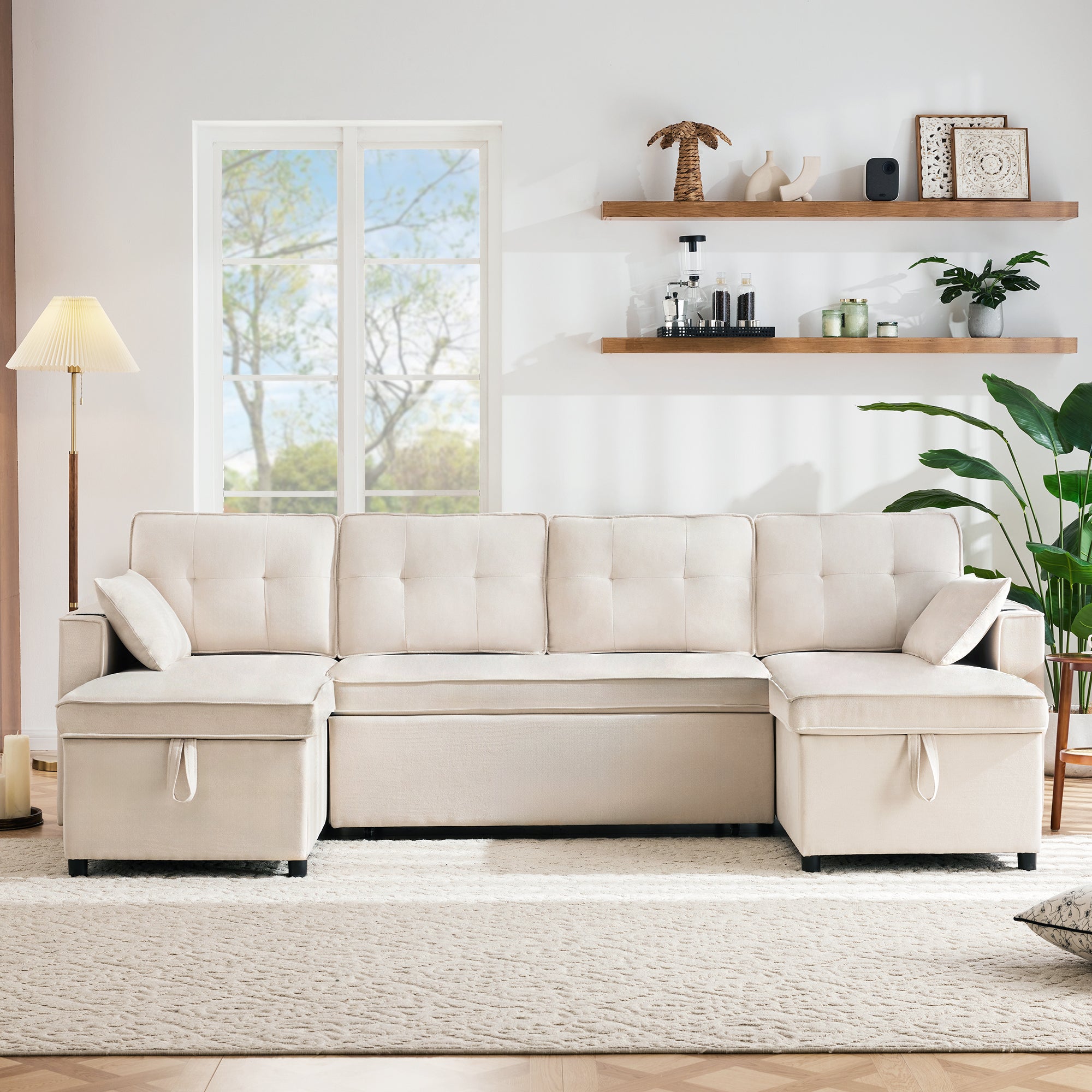 Sofa Bed, U-shaped Sleeper with Cupholder & Storage, Cotton Linen Fabric