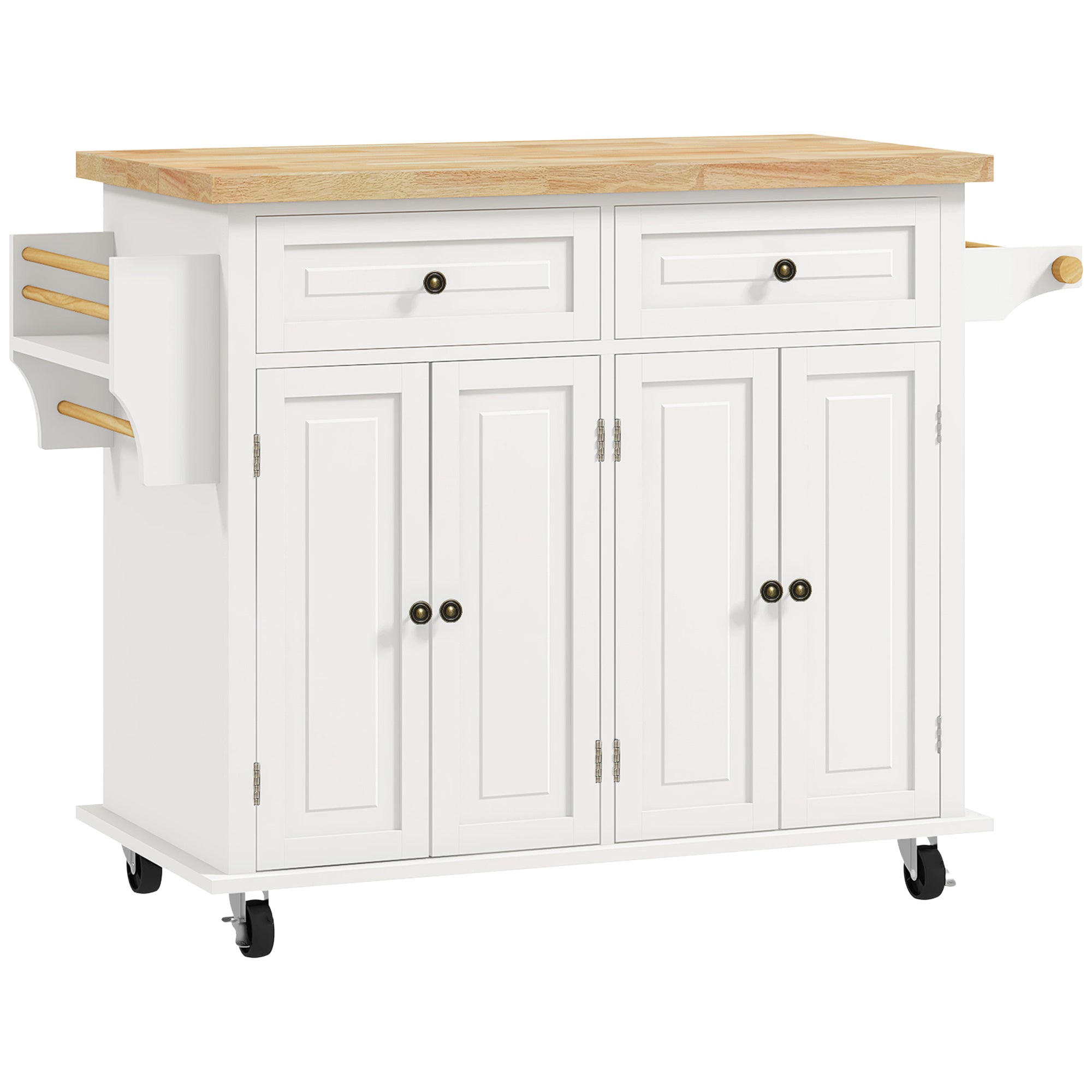 Rolling Kitchen Island Storage Trolley, Rubber Wood Top & Drawers, Cream White