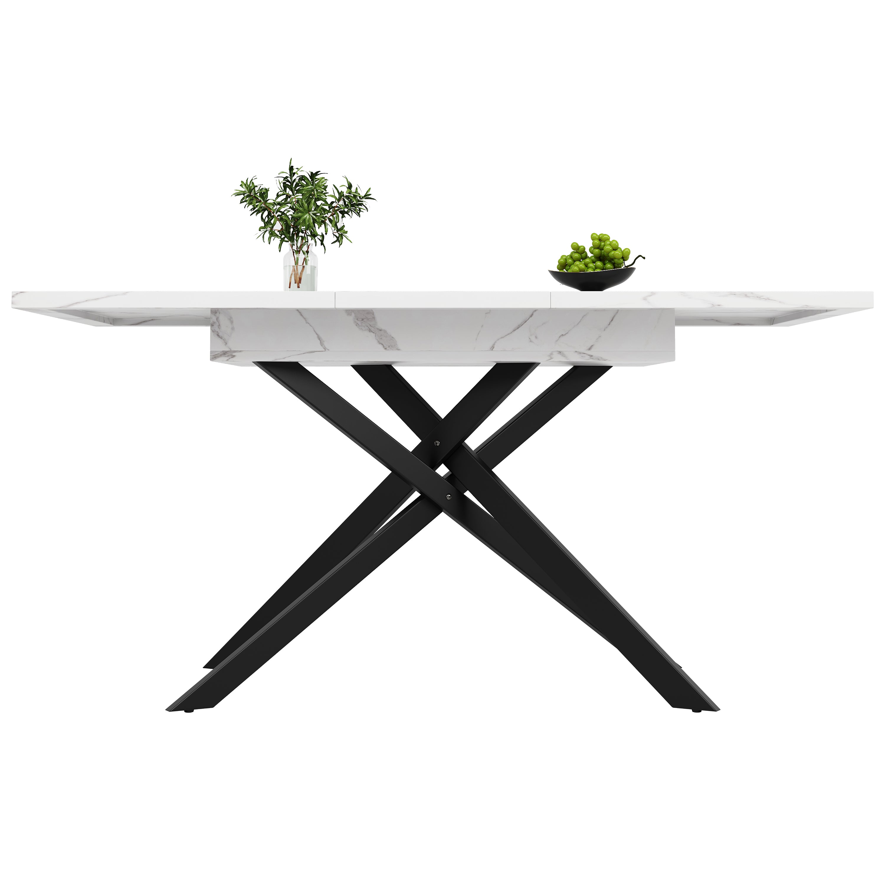 Telescopic Dining Table 120-160cm Extendable Black Crossed Legs - White Marble