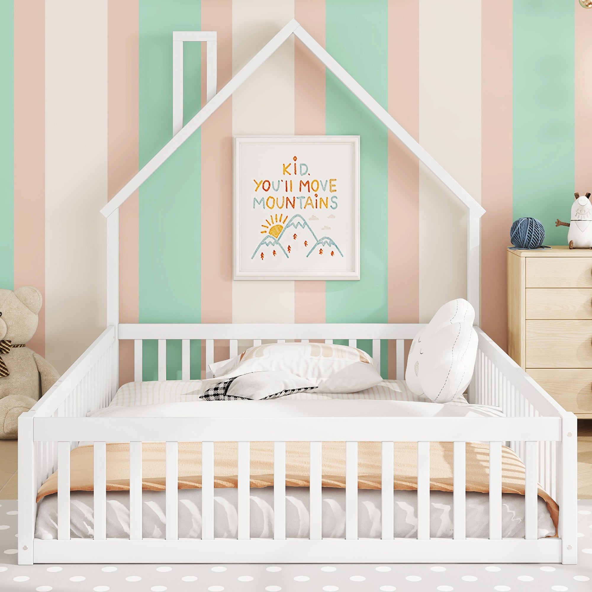 Children's House Bed 140x200cm Chimney Shape Slatted Base Pine Wood White