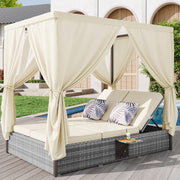 Rattan Garden Lounger Double Bed with Shade Curtain, Foldable & Table - Cream-White