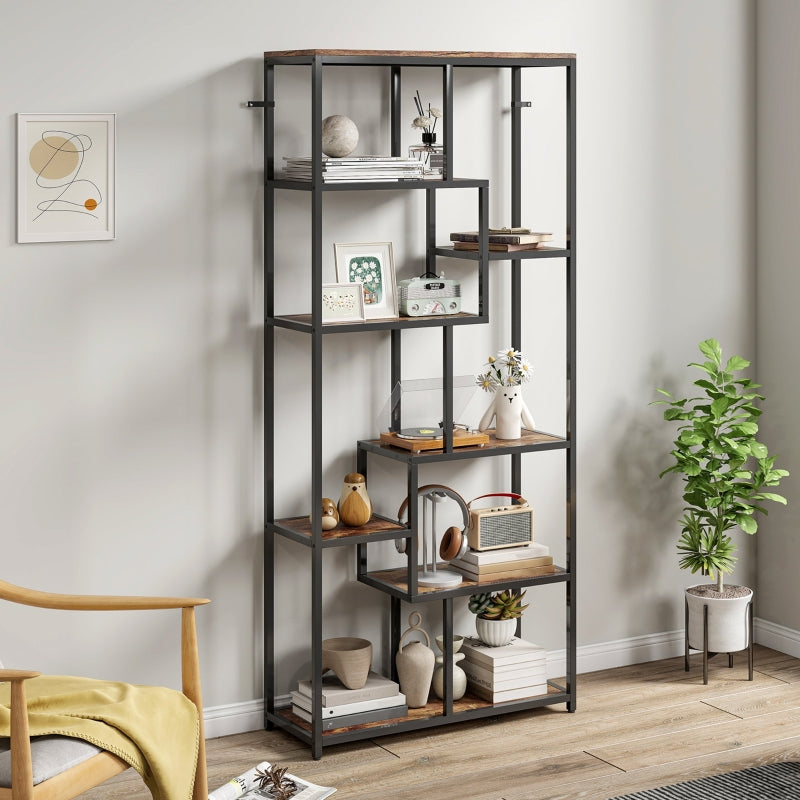 Seven-Tier Geometric Bookcase Asymmetrical Storage Metal Frame, Brown/Black Engineered Wood