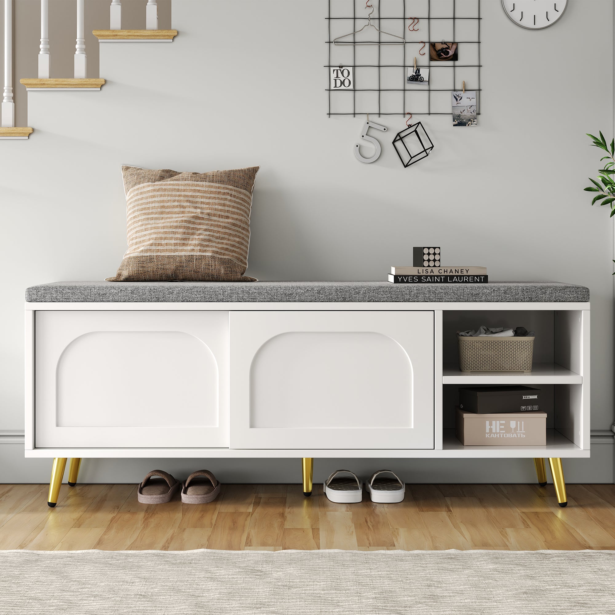 Shoe Bench Storage with Seat Cushion - White