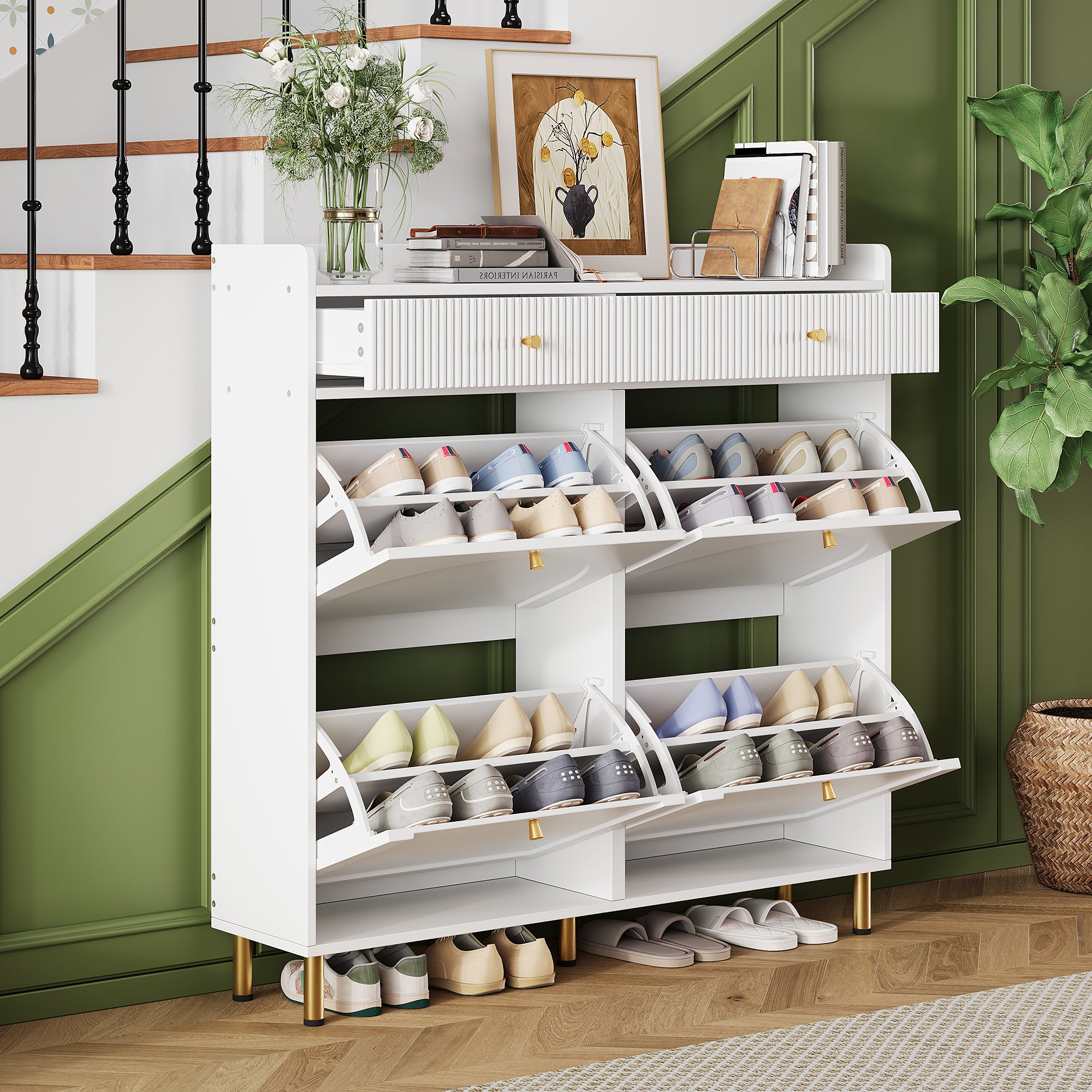 Shoe Cabinet Narrow 4 Hinged Doors 2 Drawers Metal Handles White