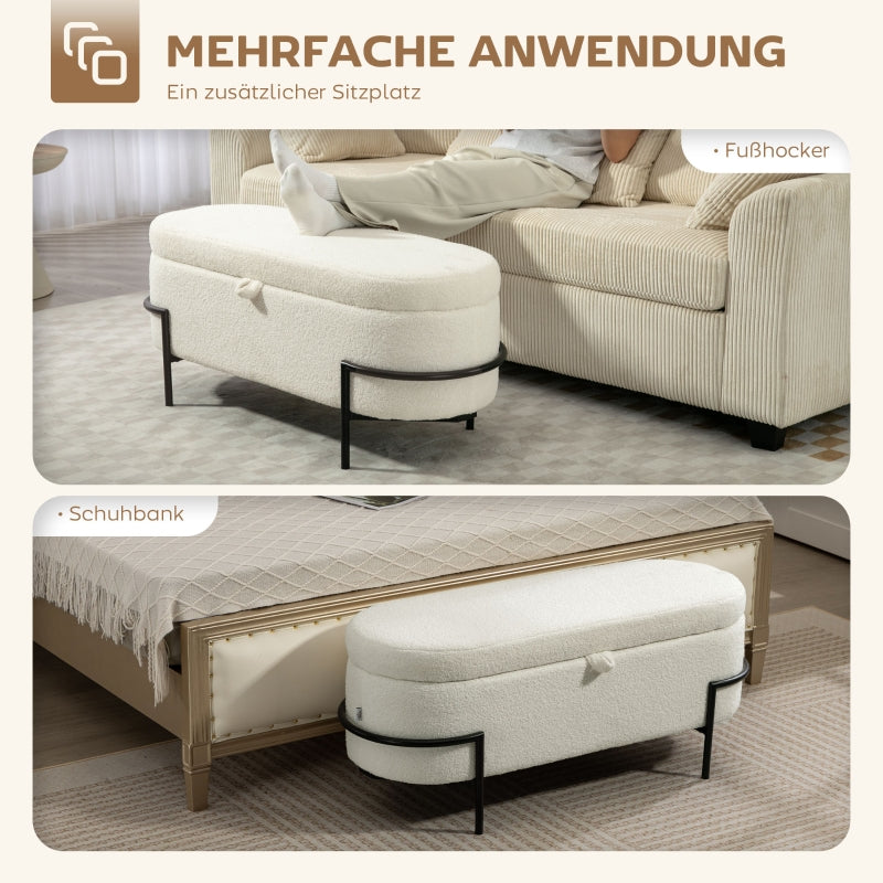 Storage Stool Ottoman with Storage Fleece Cover Steel Legs - Cream White