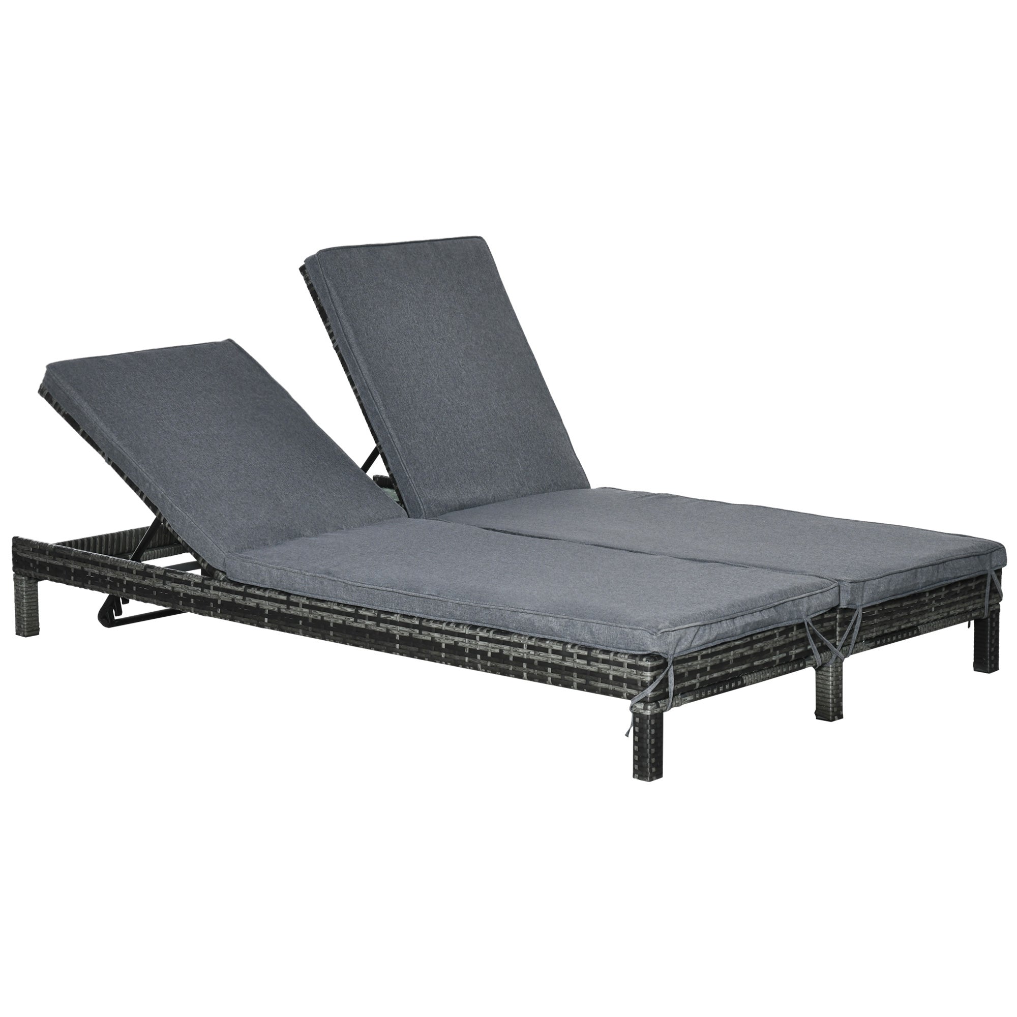 Polyrattan Sun Lounger 2-Person Relax Lounger 5-Position Backrest, Metal & PE Rattan