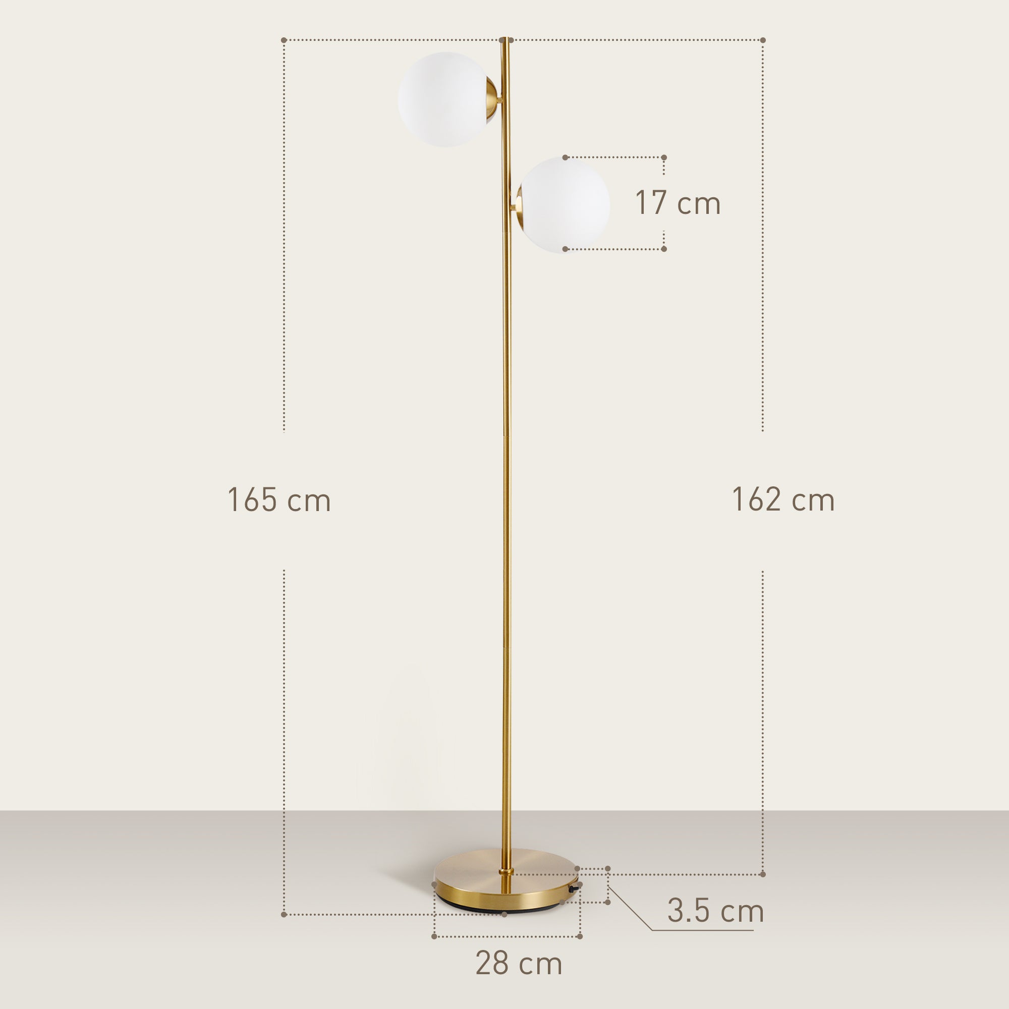 Floor Lamp 2-Piece, Glass Lampshade 165cm High, Gold and White
