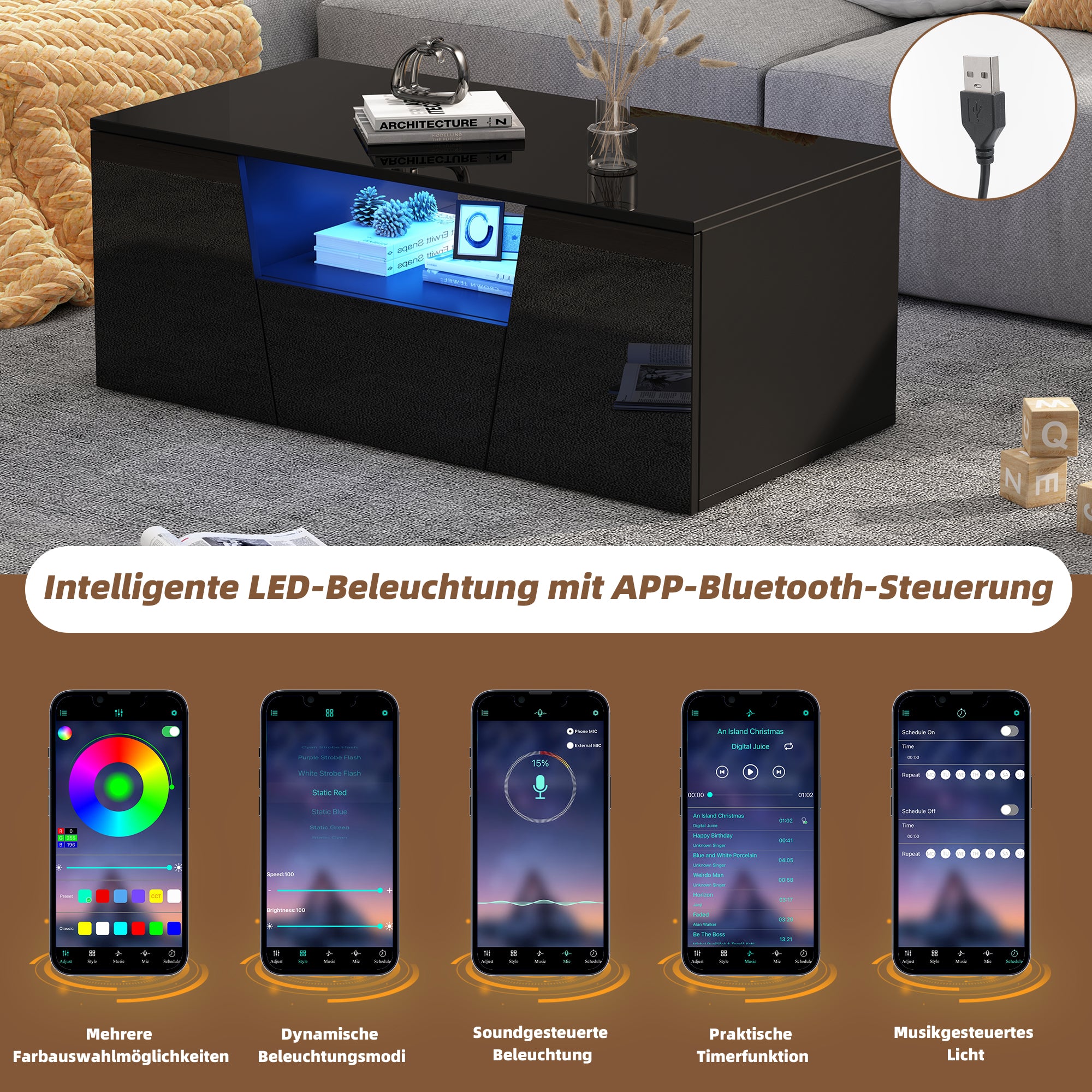 Coffee Table 100x50x40cm, LED Light, 2 Cabinets, 1 Drawer, Black