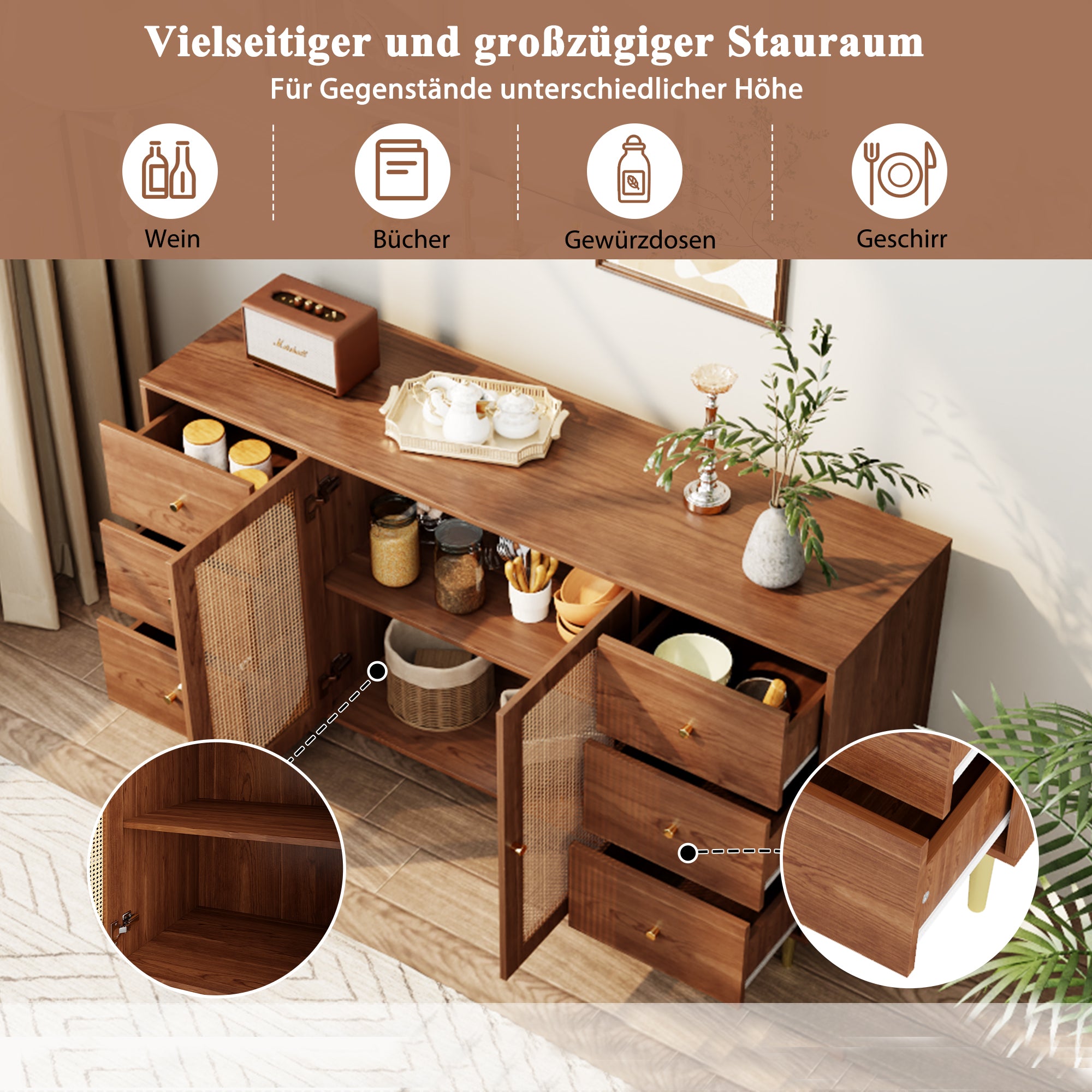 Rattan Sideboard Storage Cabinet with Drawer 160x40x90cm Brown Wood