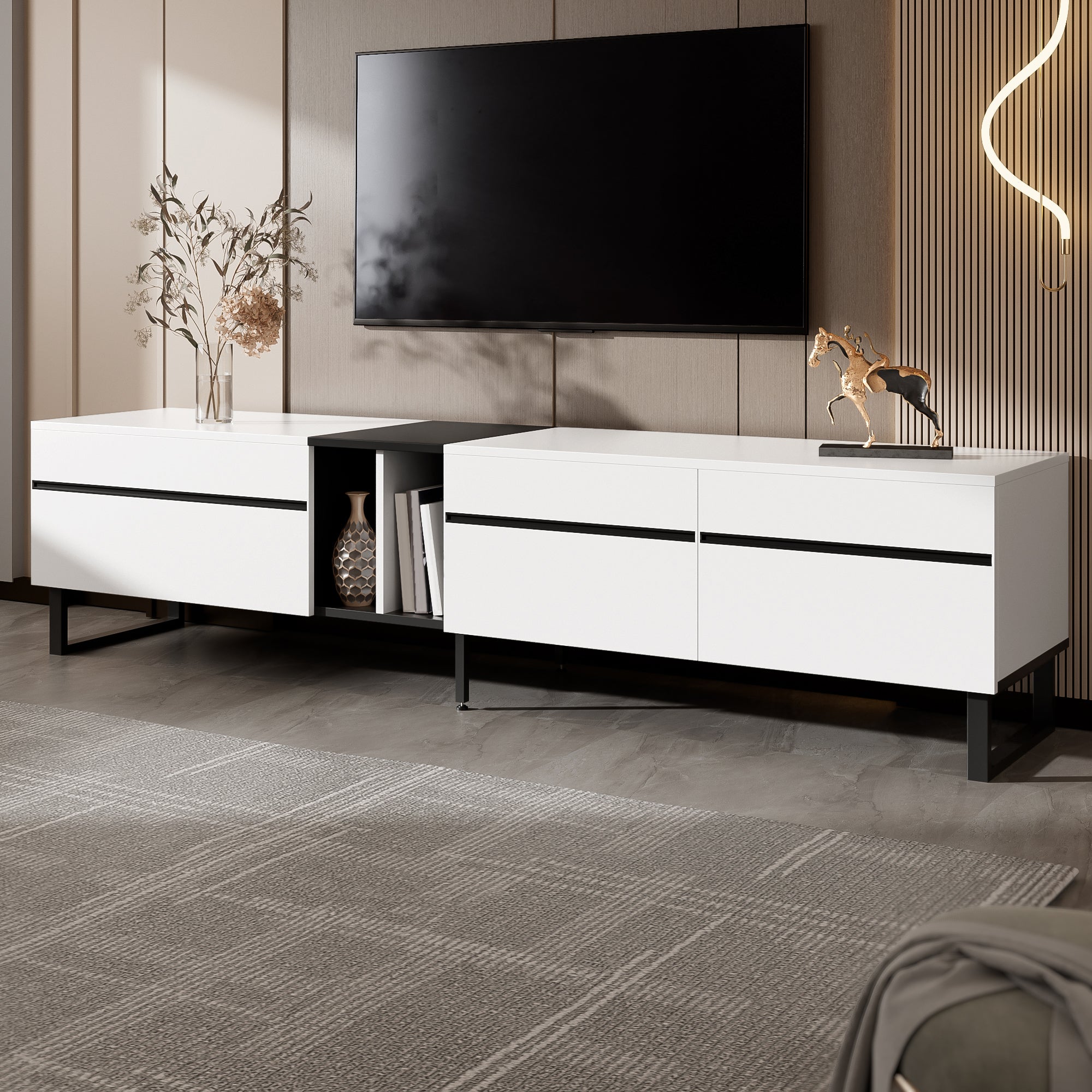 Modern TV Stand 180 cm, Drop-Down/Open Shelves/Double Doors, White