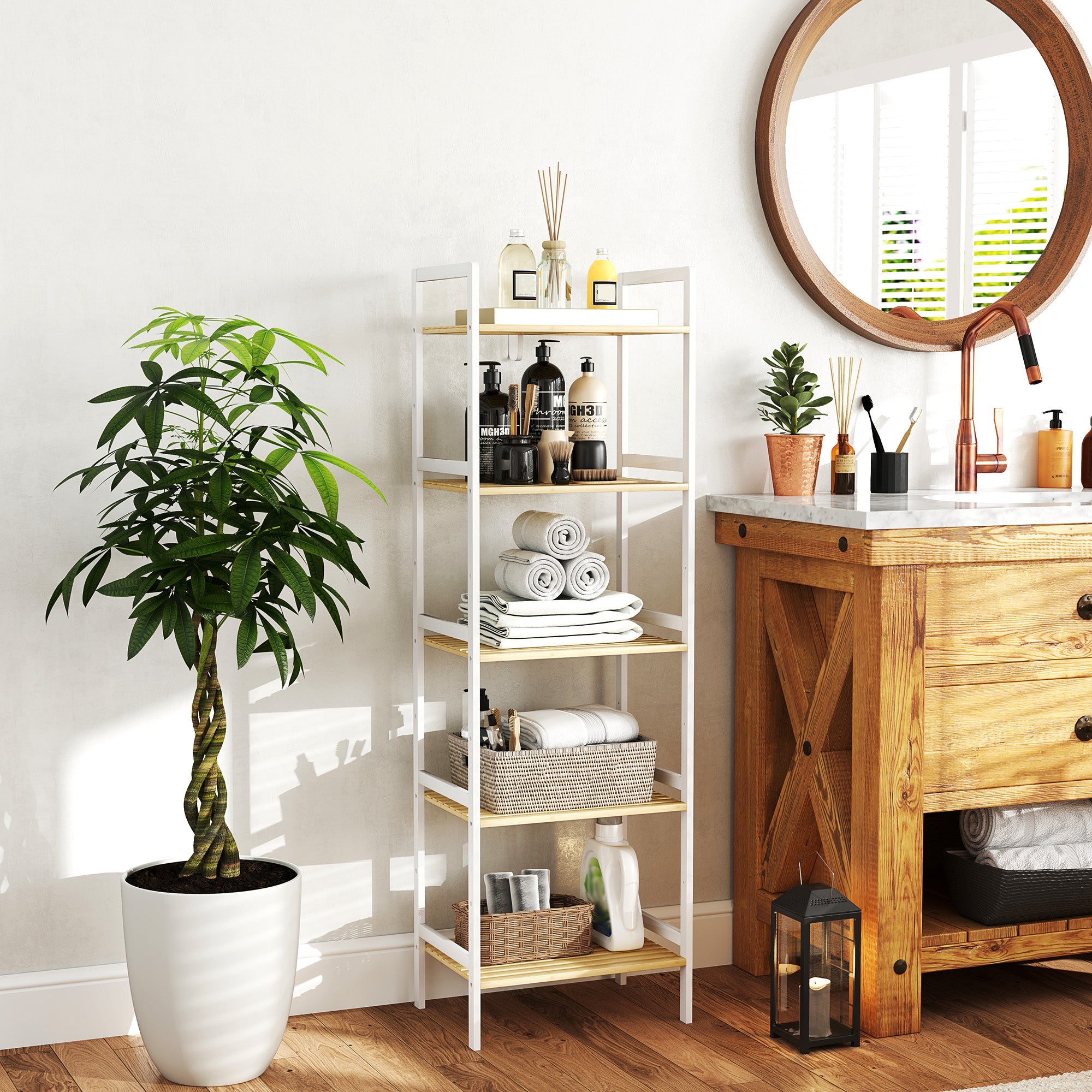 Shelf Storage Unit, Five-Tier Adjustable Bamboo
