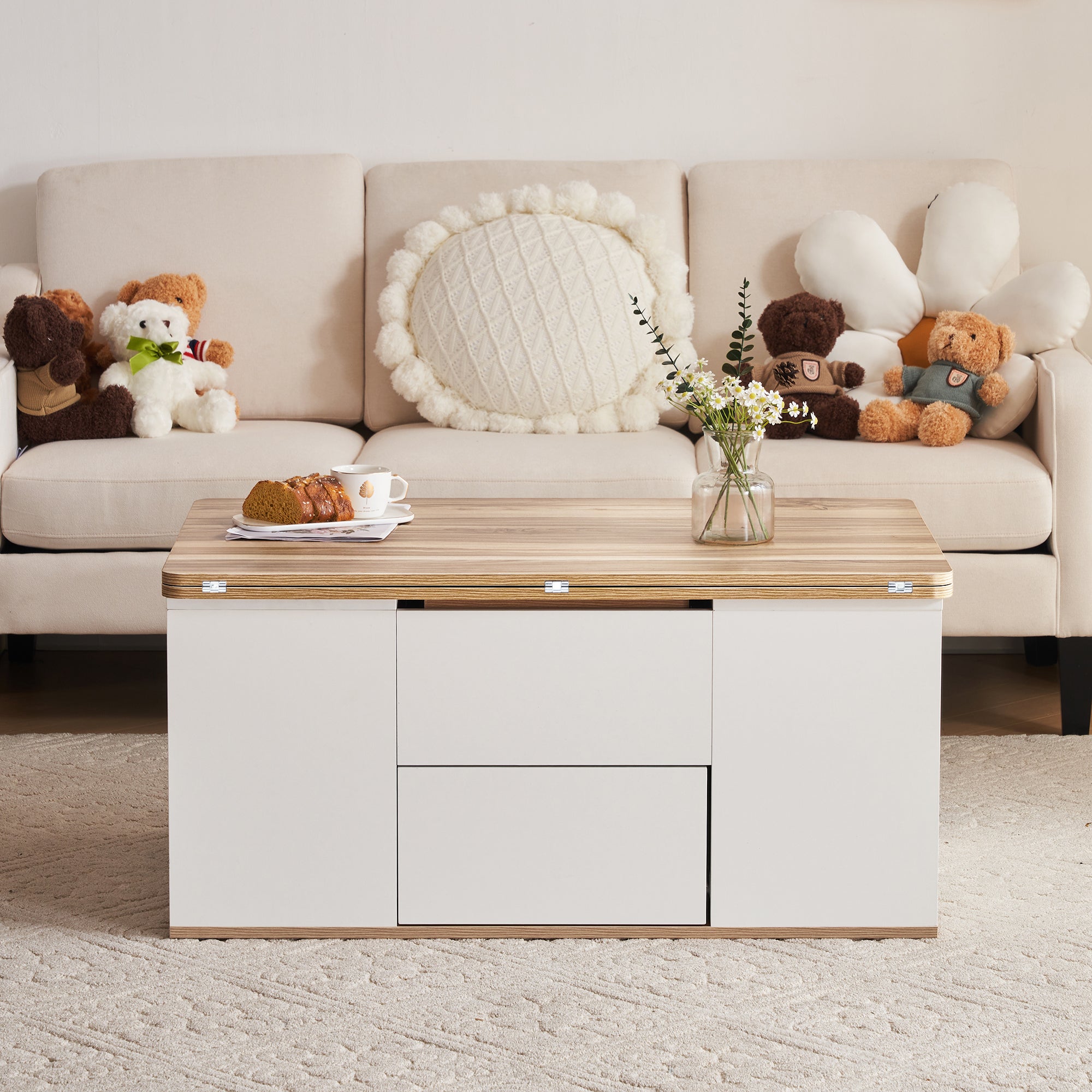 Coffee Table, Liftable Multifunctional with 2 Tables, White Wood