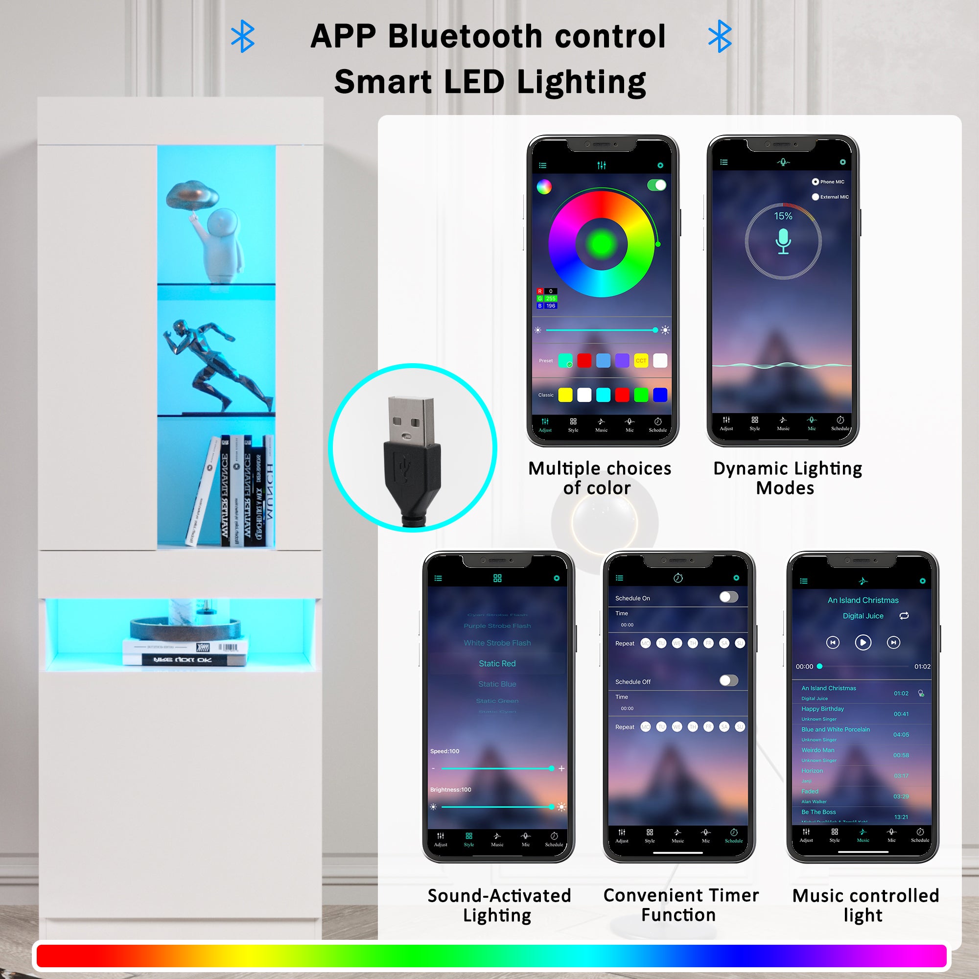 Display Cabinet, 16-Color LED, Freestanding Storage, White