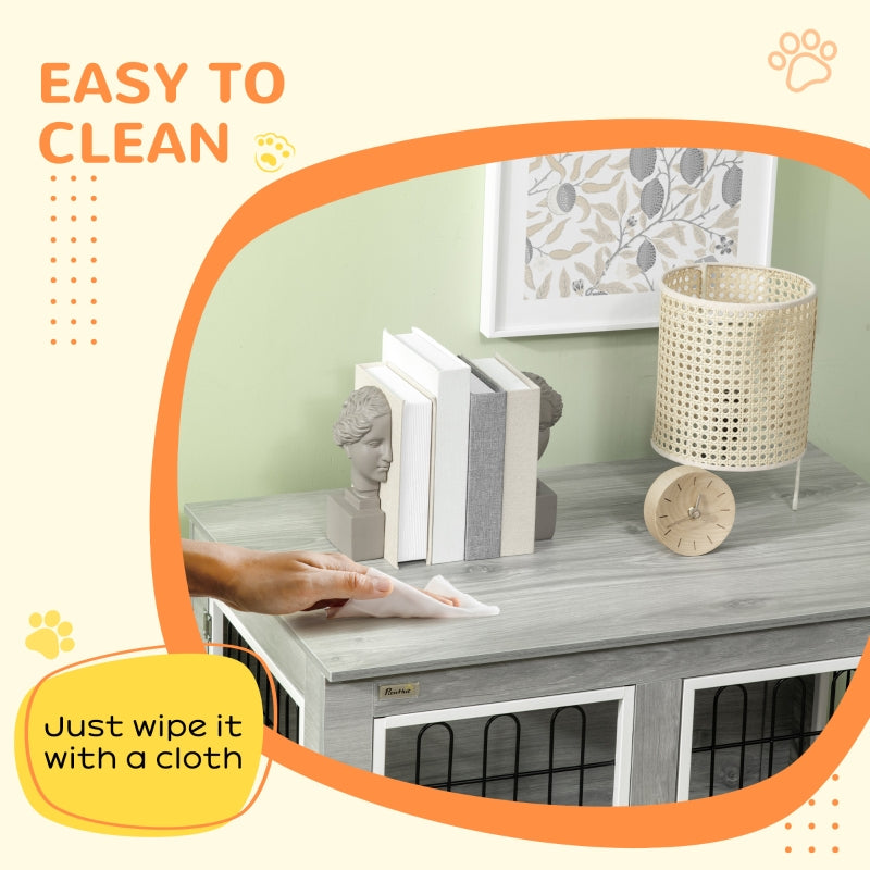 Dog Crate Furniture End Table, Washable Cushion Double Doors, Grey