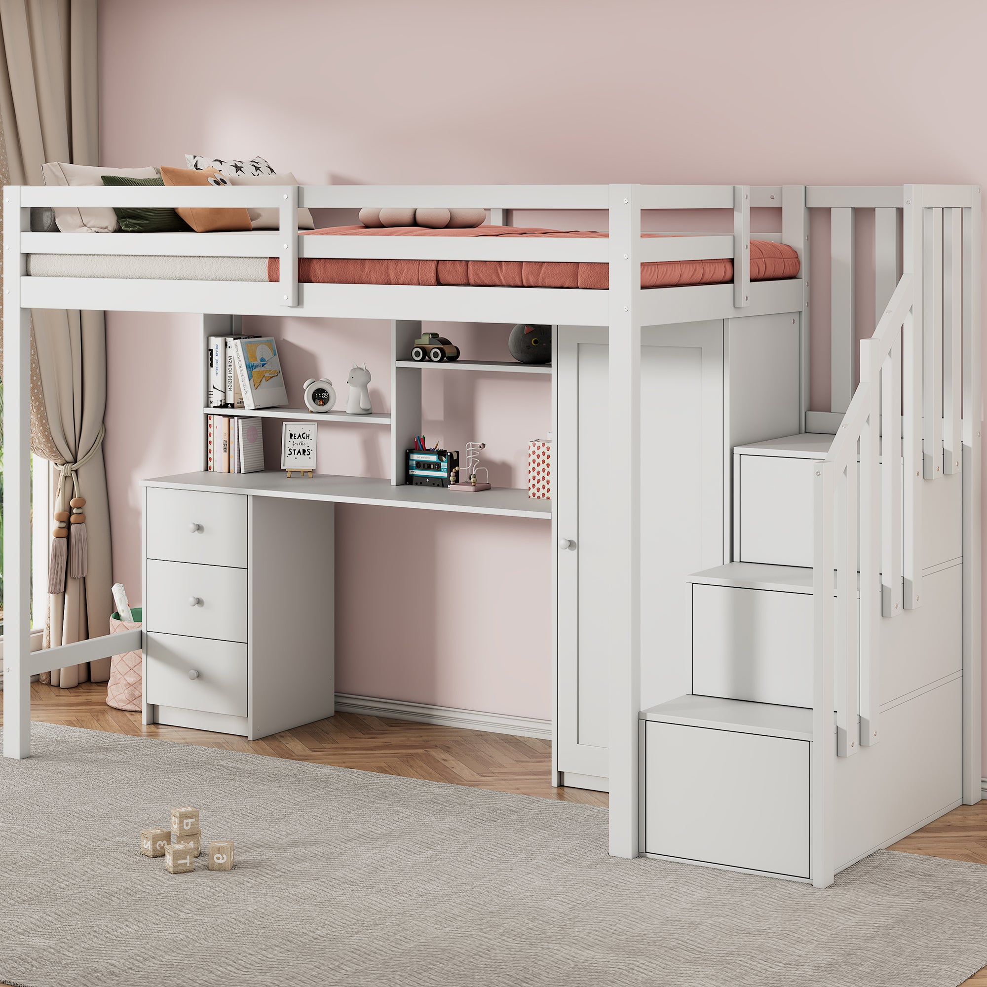 Bunk Bed with Desk, Wardrobe, Stairs, and Drawers, 90x200cm White