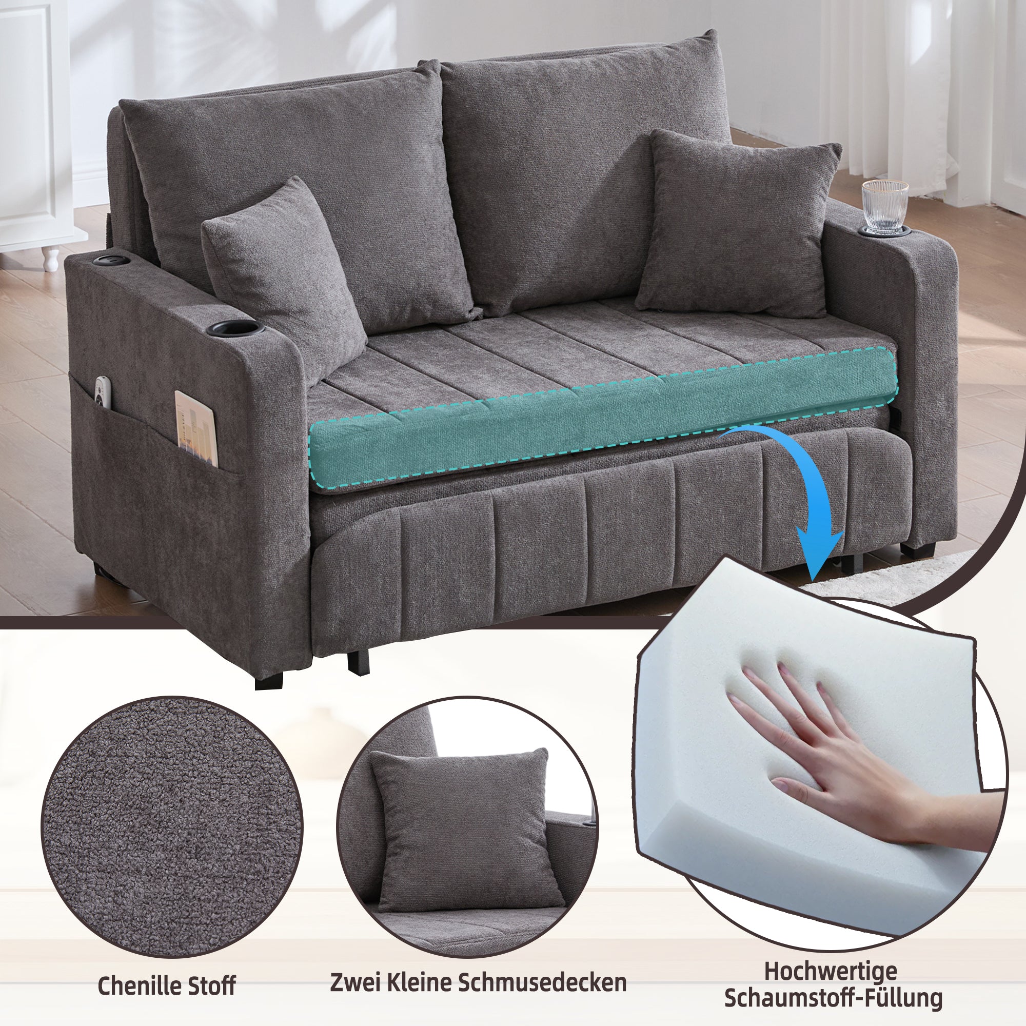 Chair, Multifunctional Folding Pull-Out Sofa with Storage, USB Charging, Cup Holder, Fabric