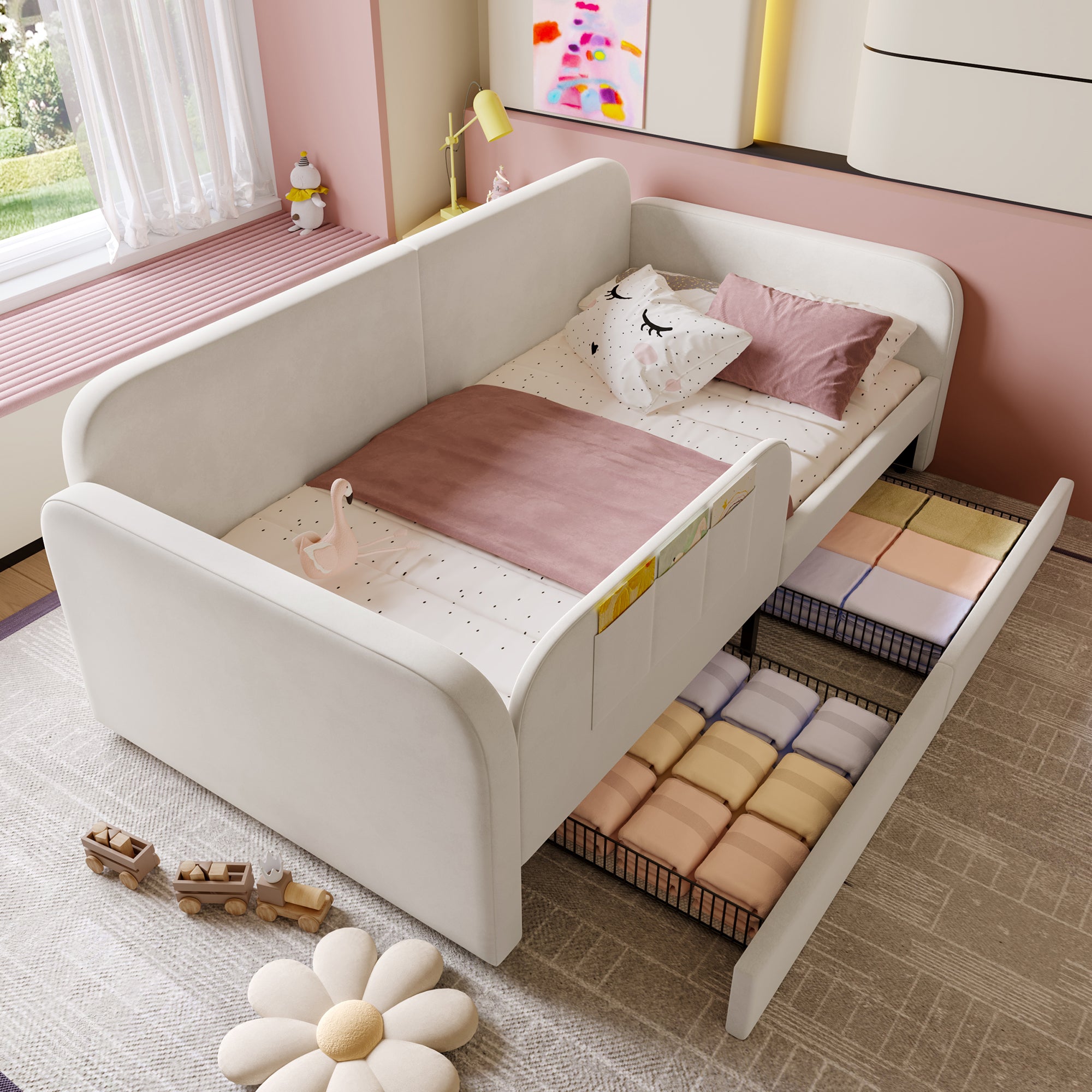 Children's Spliced Bed Upholstered Daybed Sofa Storage Drawers 90x200cm, White Velvet