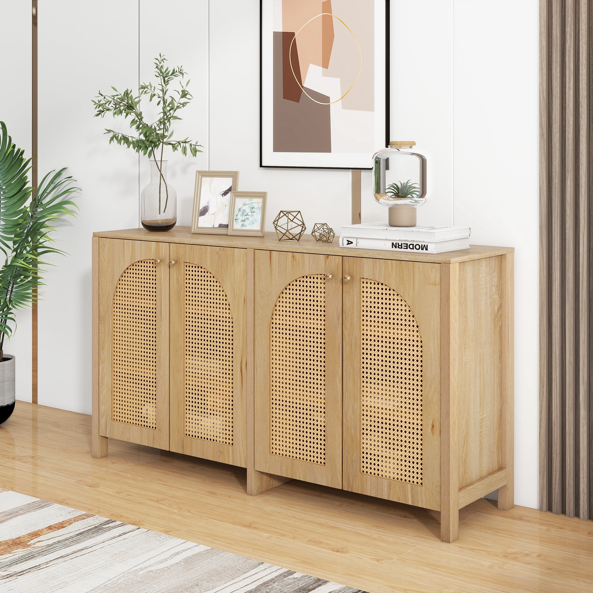 Sideboard, Minimalist with 4 Rattan Doors & Metal Handles, Natural Wood