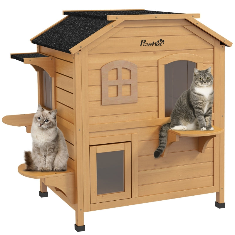 2-story Cat House Outdoor, Weatherproof Cat Enclosure with Escape Door, Openable Roof, Jumping Platforms, Natural Wood